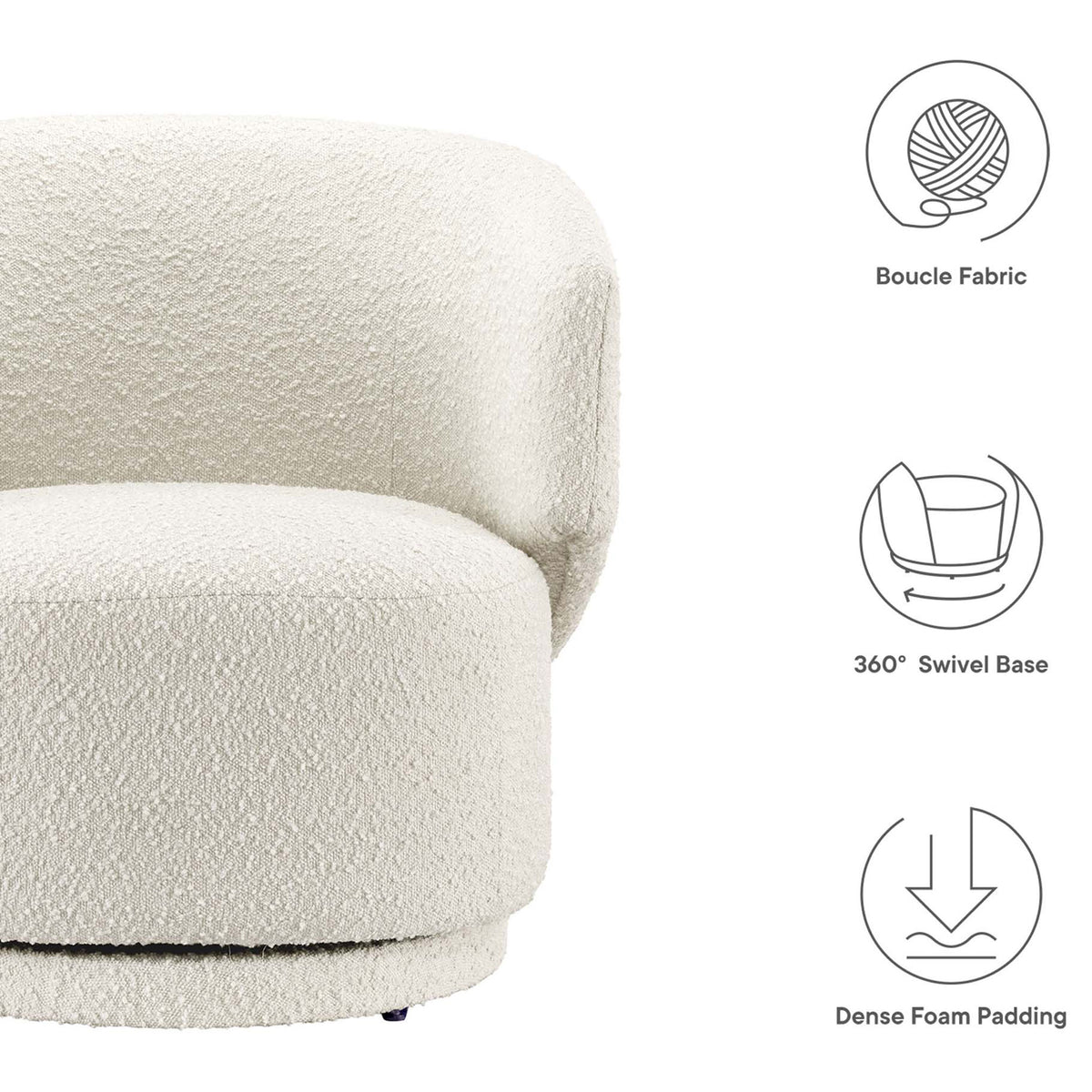 Boucle upholstery, 360 degree swivel base, and dense foam cushioning for lasting comfort. || EEI-6357-IVO || callout_studio