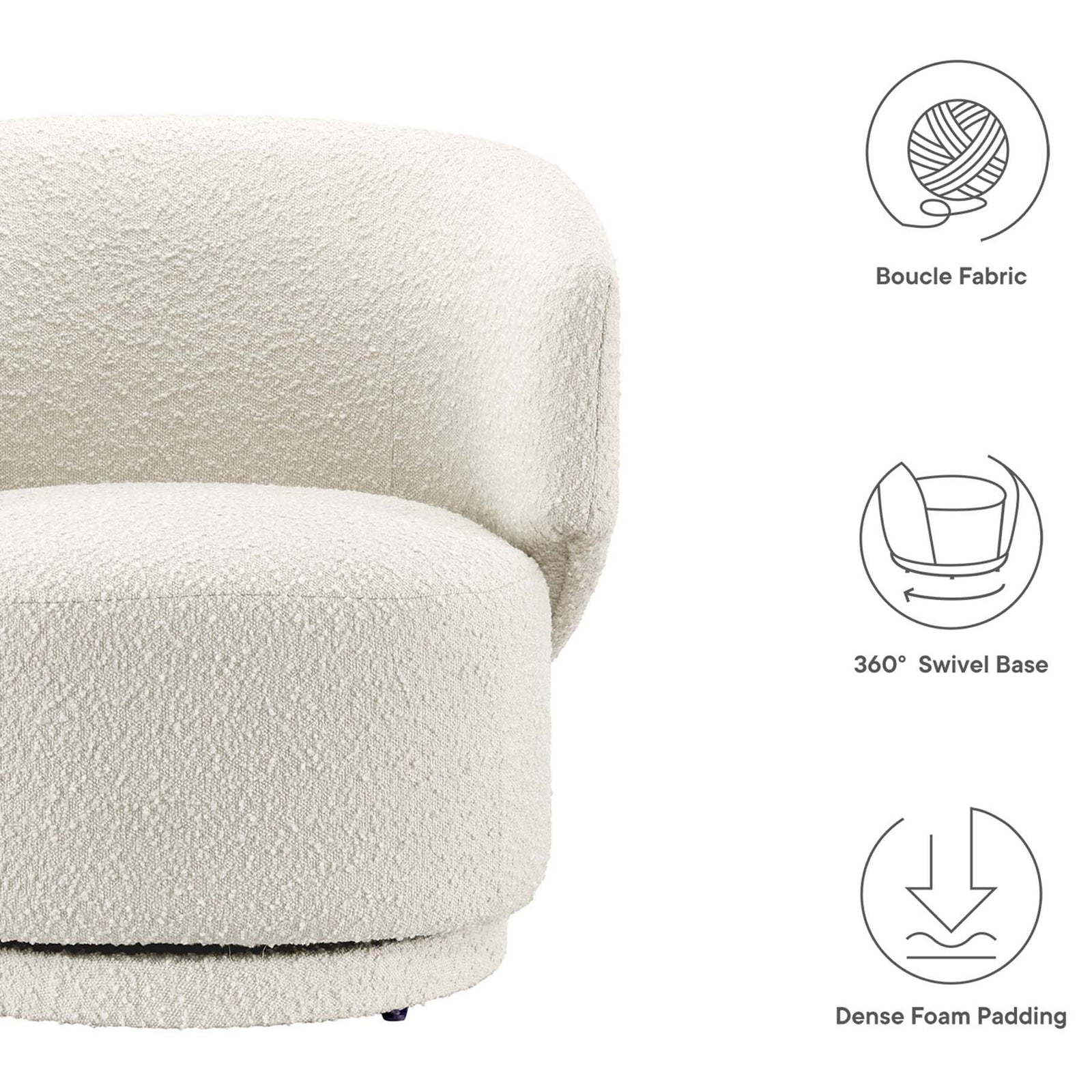 Boucle upholstery, 360 degree swivel base, and dense foam cushioning for lasting comfort. || EEI-6357-IVO || callout_studio