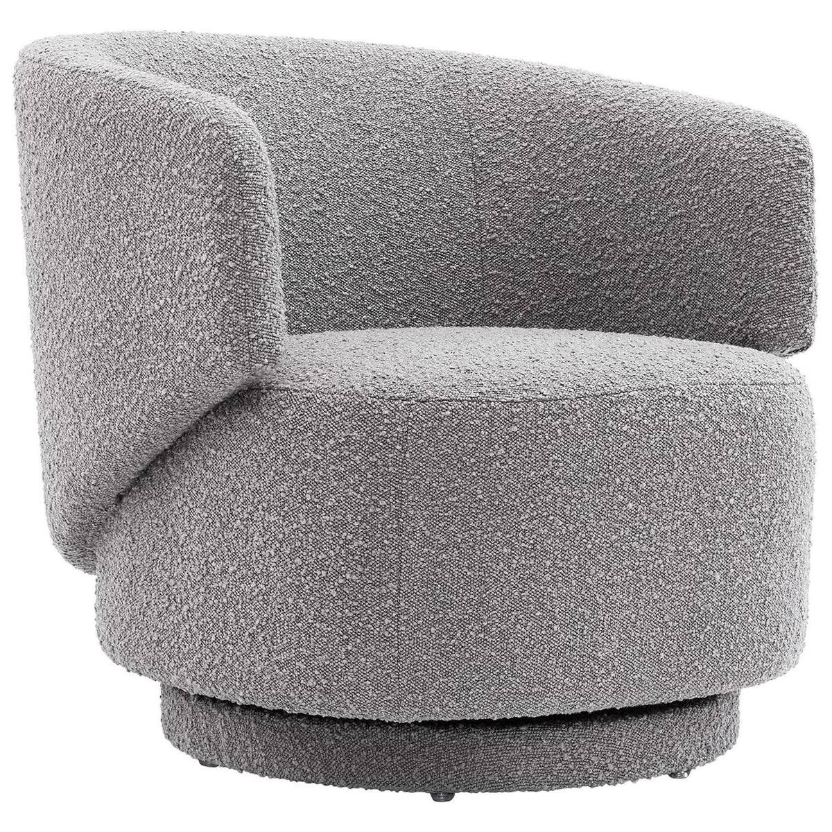 Modern light gray boucle chair with sculpted arm detail and smooth 360-degree swivel base || EEI-6357-LGR || front_angle_studio