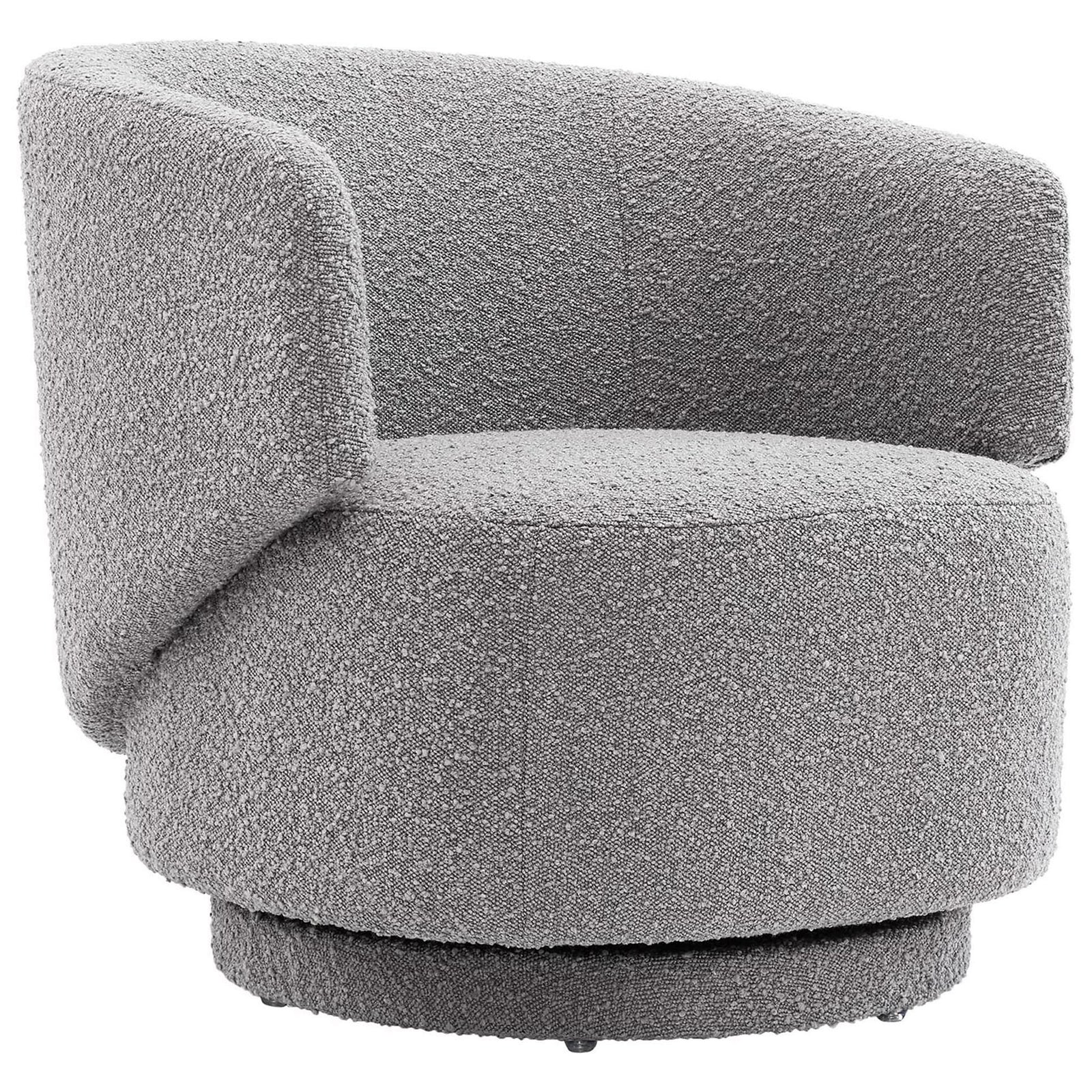 Modern light gray boucle chair with sculpted arm detail and smooth 360-degree swivel base || EEI-6357-LGR || front_angle_studio