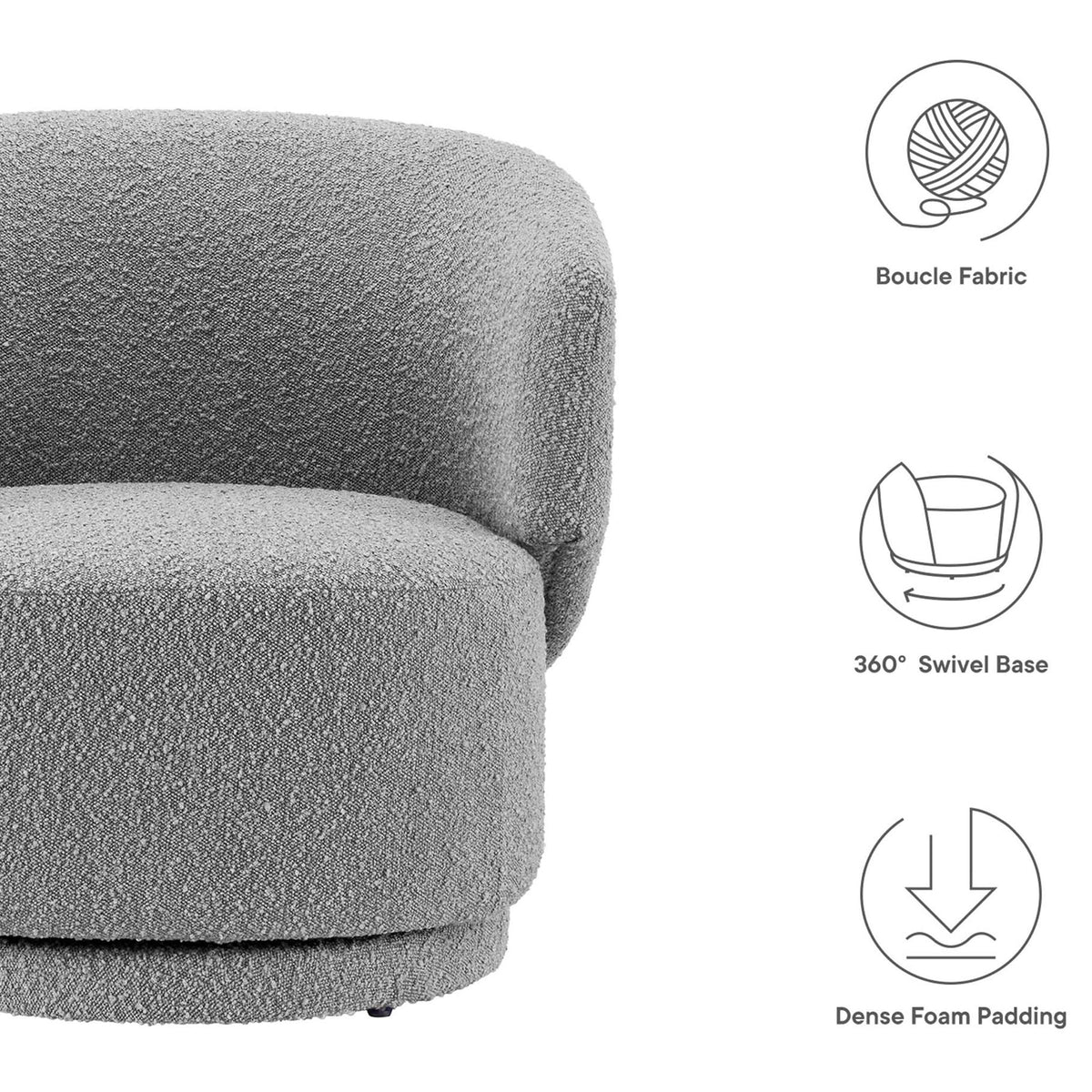 Boucle fabric, 360-degree swivel, and dense foam cushioning deliver everyday comfort and style || EEI-6357-LGR || callout_studio