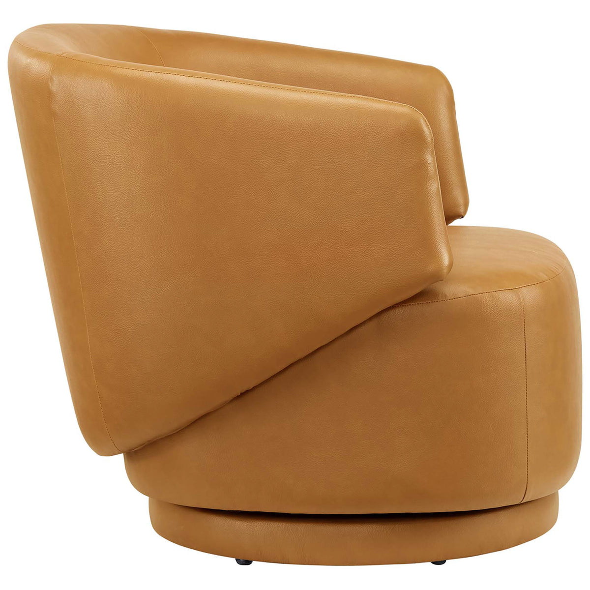 Angled arm and rounded silhouette in smooth tan vegan leather on a low-profile swivel base. || EEI-6358-TAN || side_studio