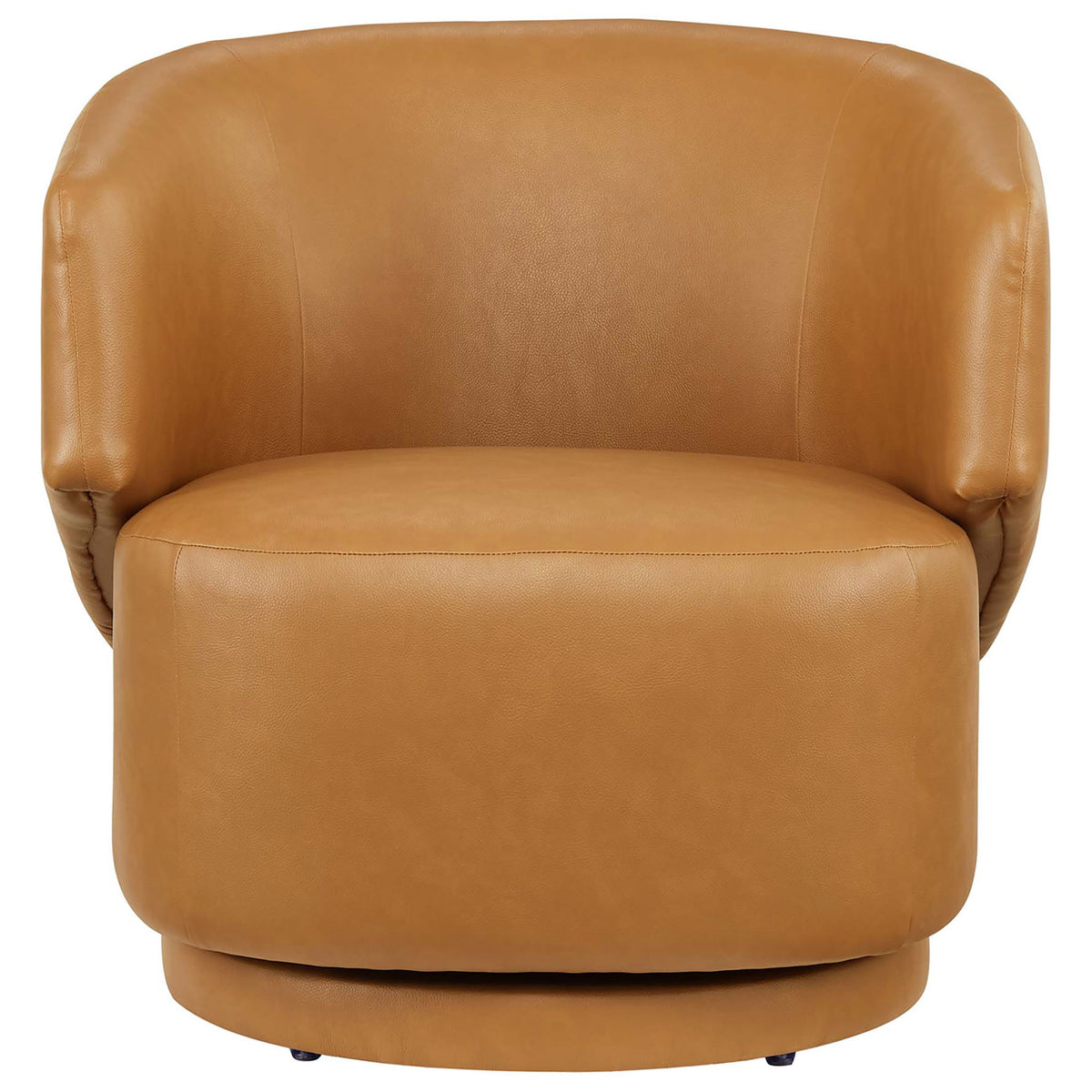 Modern tan vegan leather swivel chair with a generous seat and supportive wraparound back. || EEI-6358-TAN || front_studio