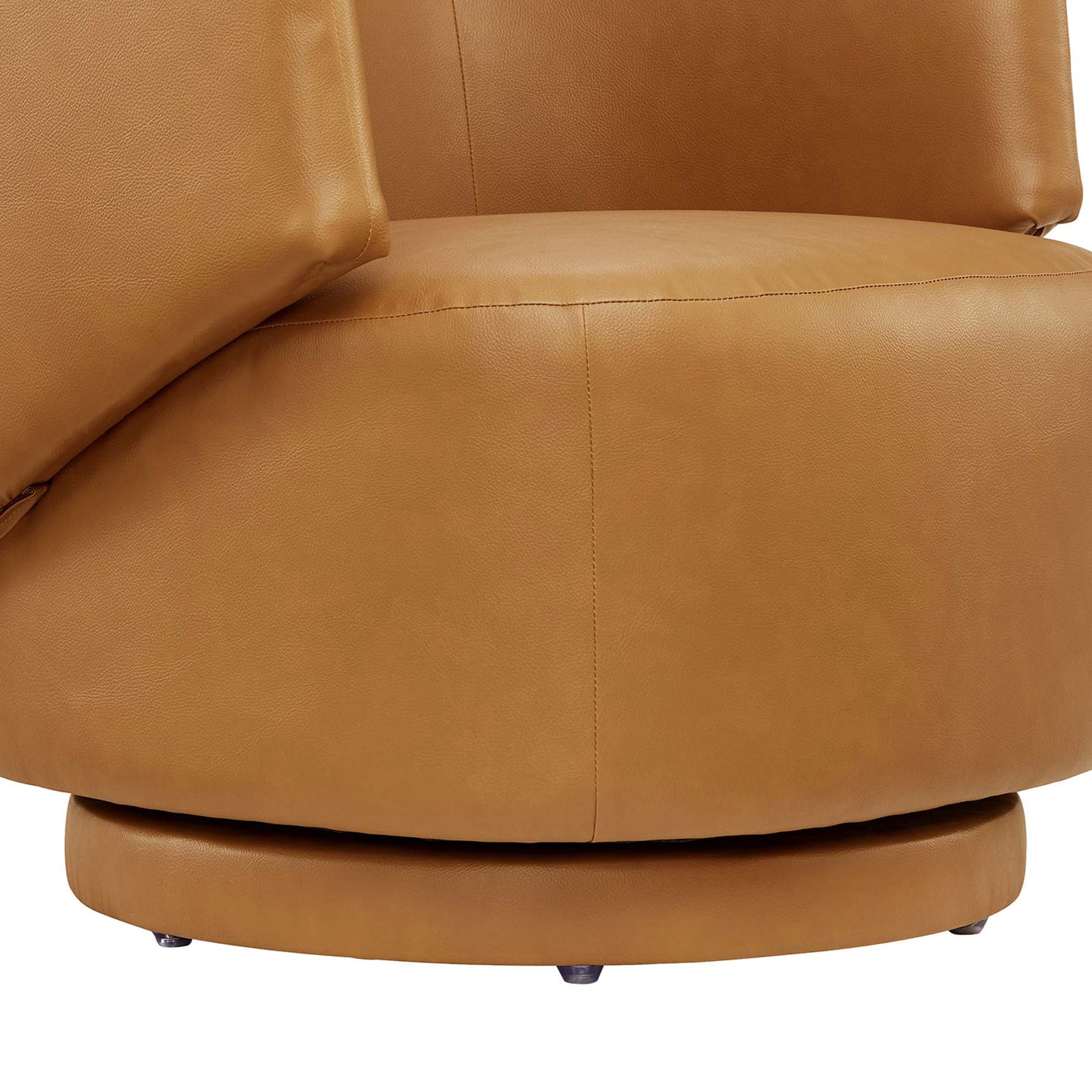 Low pedestal swivel base and smooth vegan leather upholstery with neat edge detailing. || EEI-6358-TAN || leg_studio