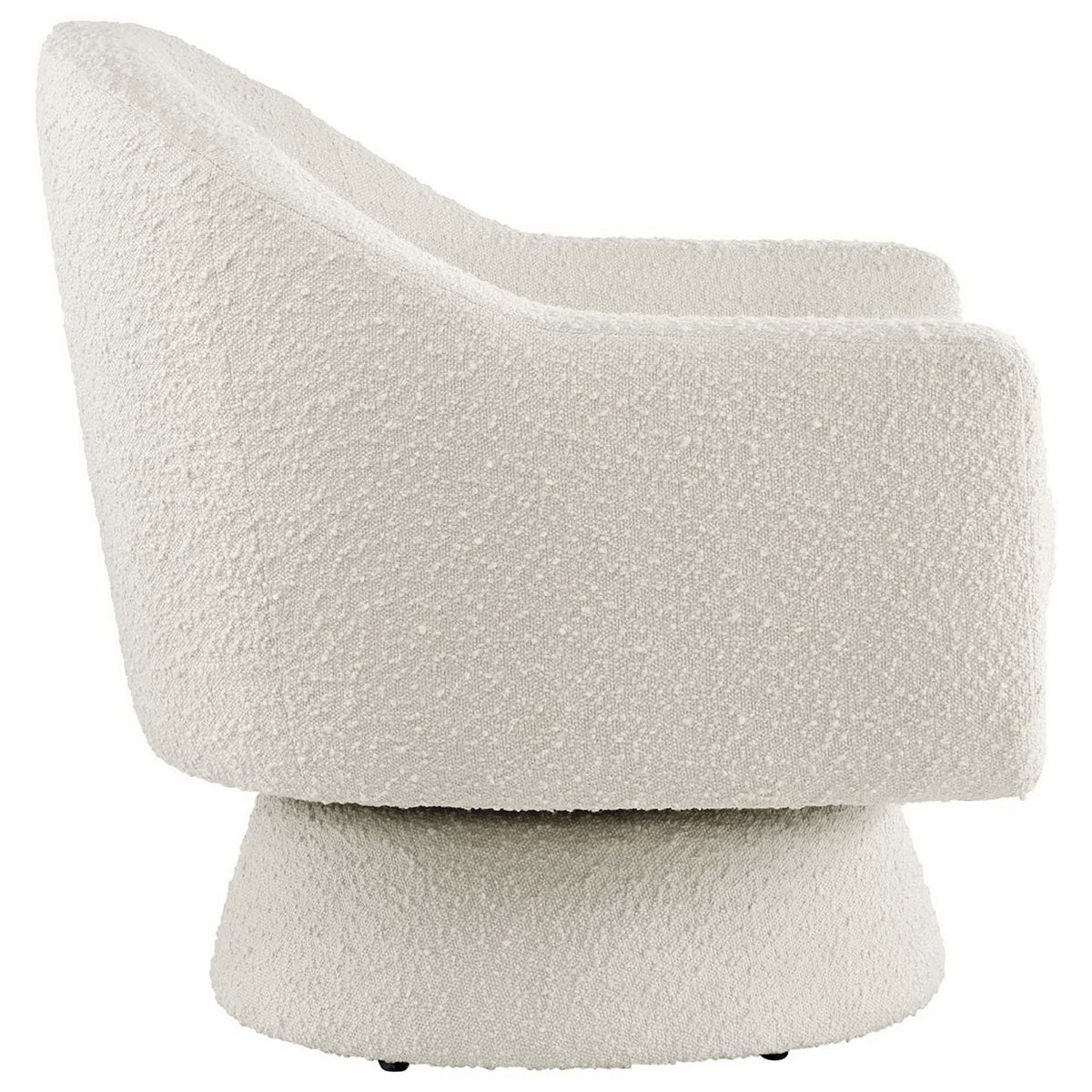 Streamlined profile with a rounded back, sloped arms, and textured ivory boucle upholstery || EEI-6359-IVO || side_studio
