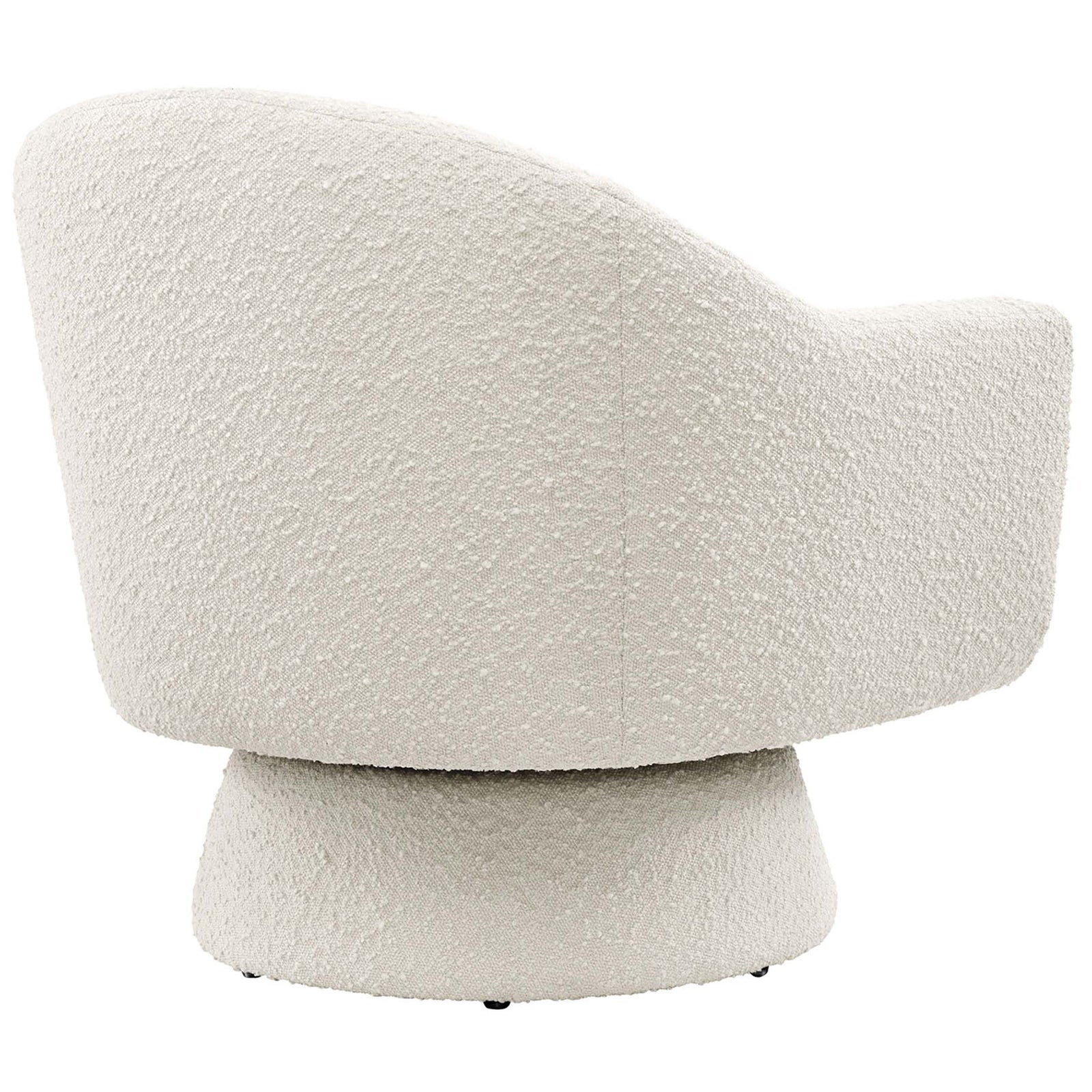 Softly rounded back wrapped in nubby ivory boucle atop a clean, modern pedestal swivel base || EEI-6359-IVO || back_studio