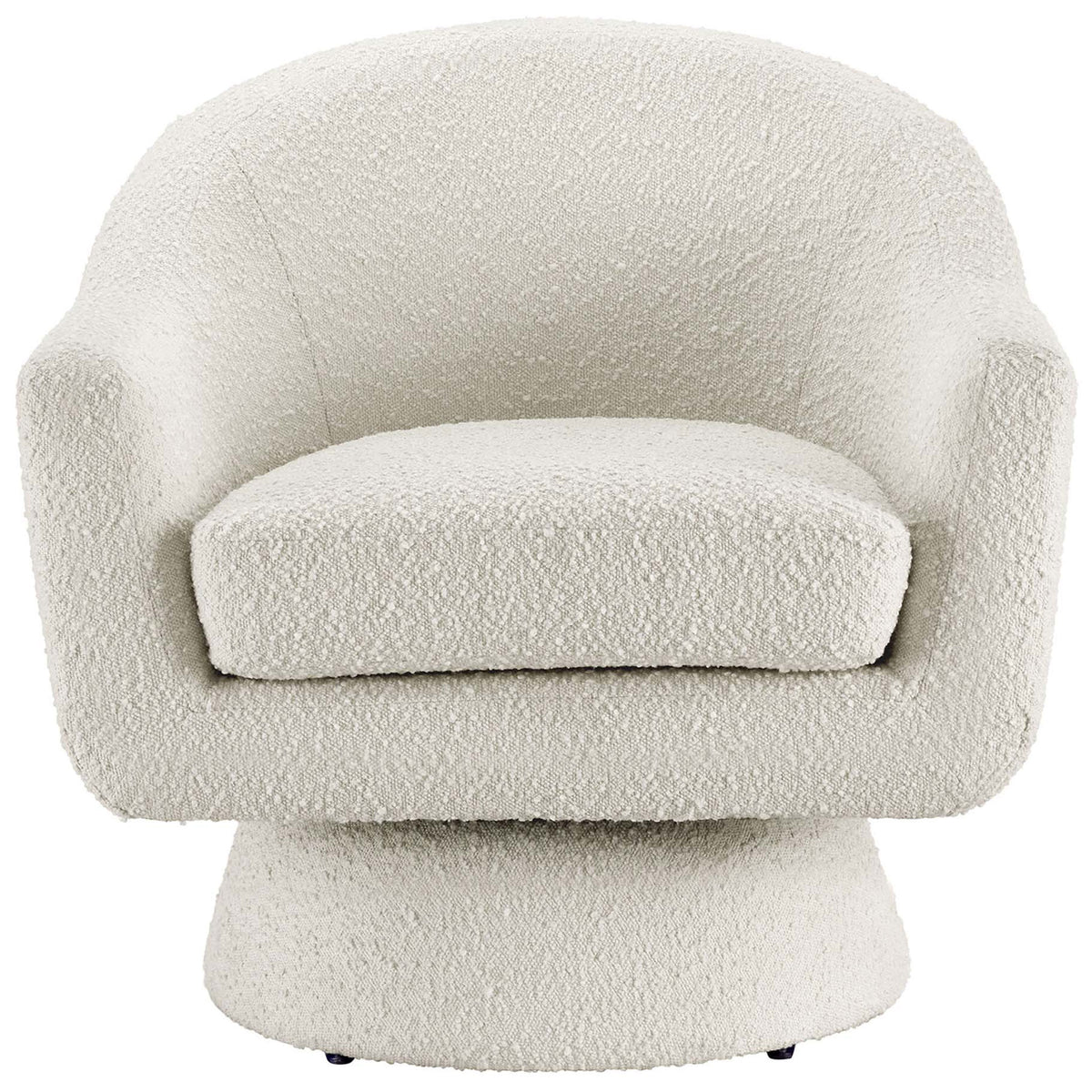 Inviting ivory boucle chair with plush seat, curved arms, and a modern pedestal swivel base || EEI-6359-IVO || front_studio