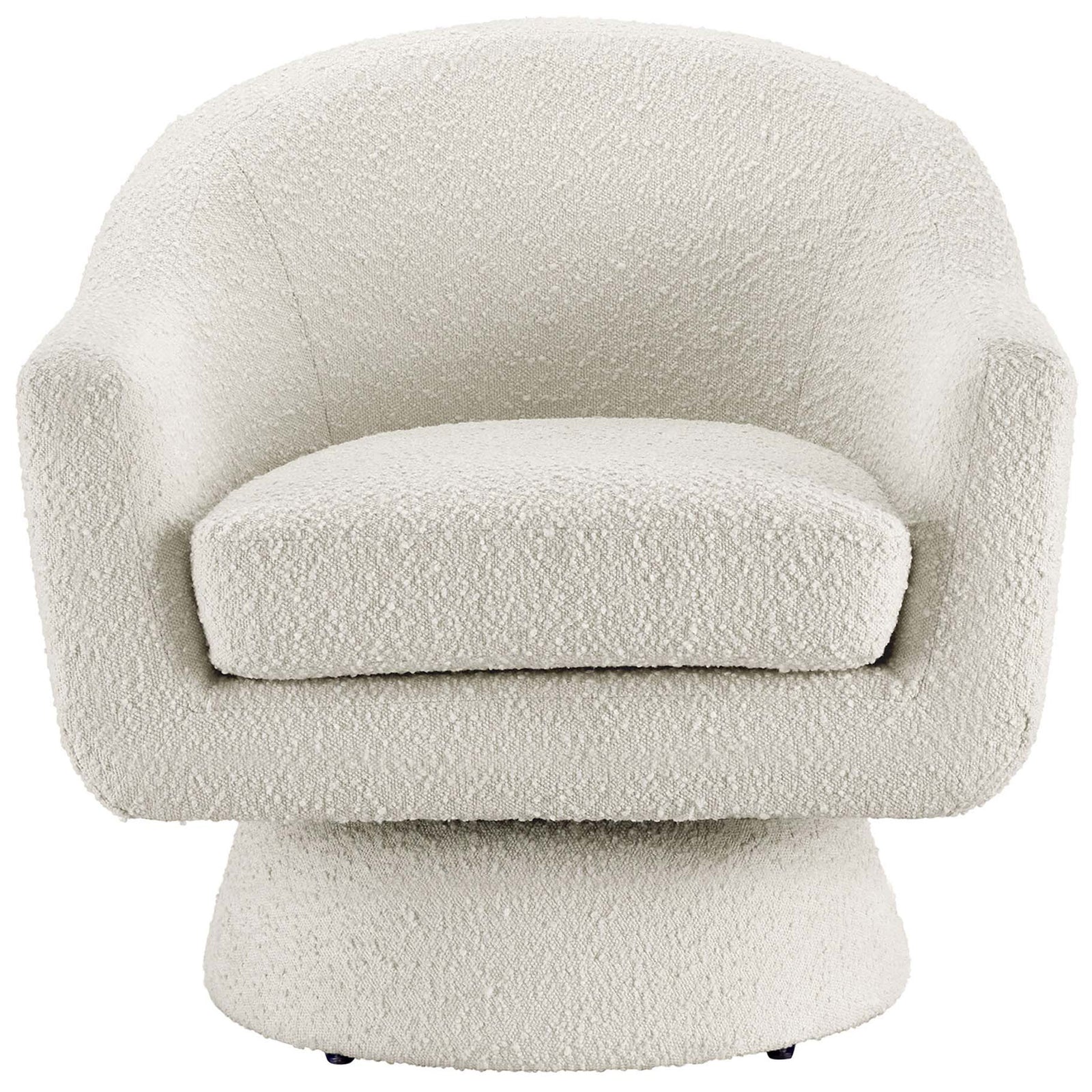 Inviting ivory boucle chair with plush seat, curved arms, and a modern pedestal swivel base || EEI-6359-IVO || front_studio