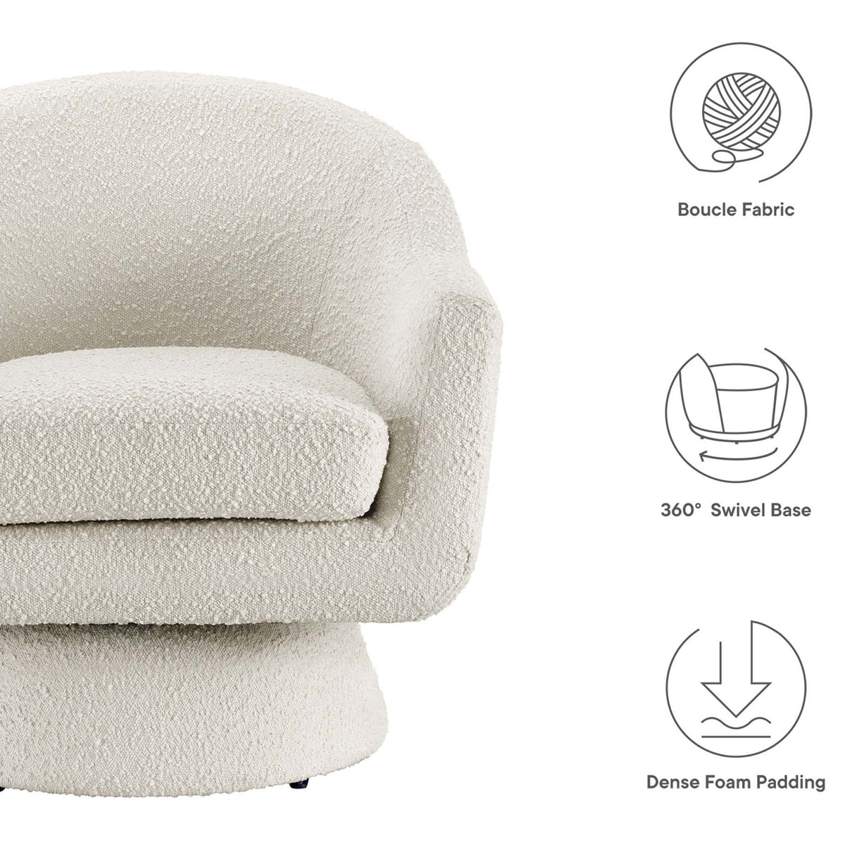 Boucle fabric, 360-degree swivel base, and dense foam cushioning deliver everyday comfort || EEI-6359-IVO || callout_studio