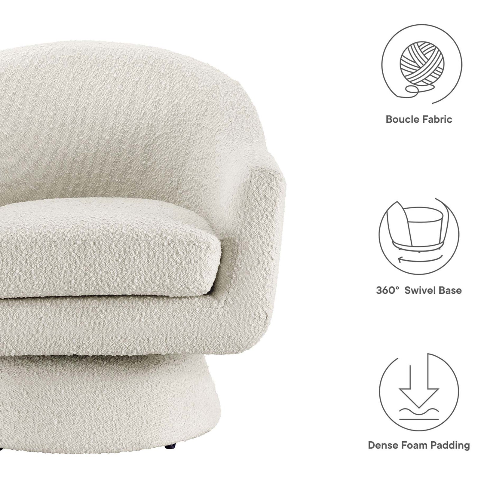 Boucle fabric, 360-degree swivel base, and dense foam cushioning deliver everyday comfort || EEI-6359-IVO || callout_studio