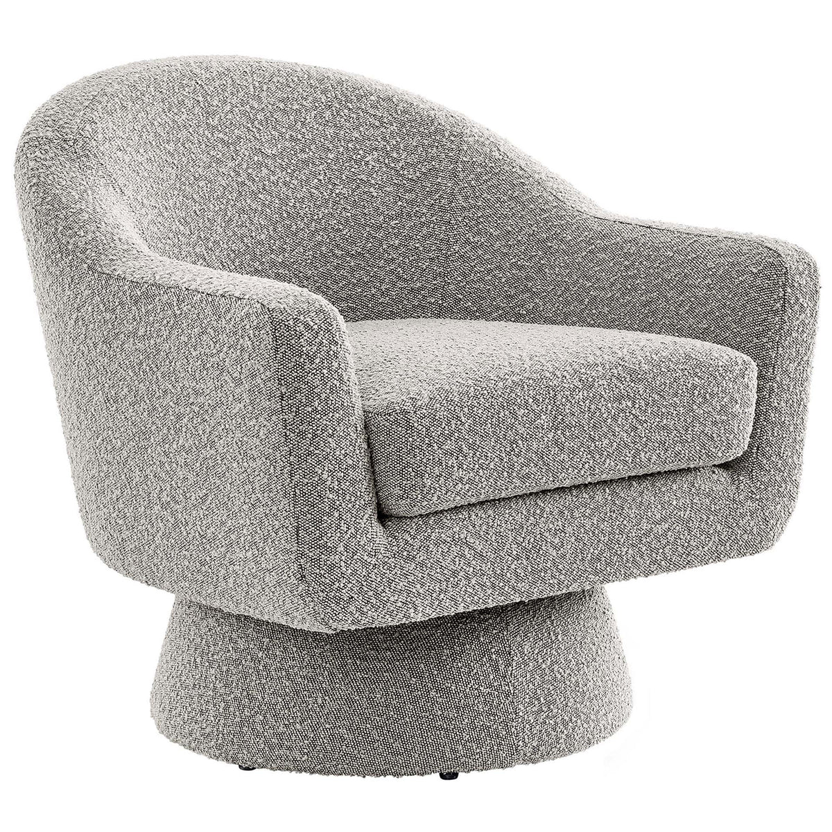 Curved taupe boucle swivel chair with plush cushion and tapered pedestal base. || EEI-6359-TAU || front_angle_studio