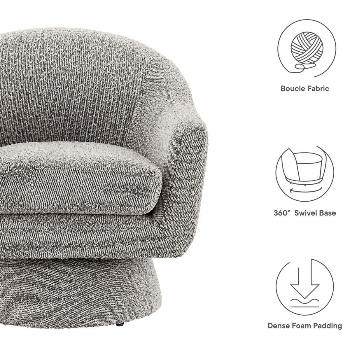 Boucle-upholstered swivel chair with dense foam comfort for effortless lounging. || EEI-6359-TAU || callout_studio