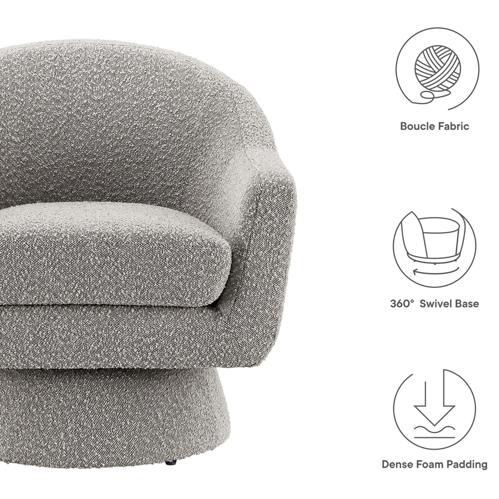 Boucle-upholstered swivel chair with dense foam comfort for effortless lounging. || EEI-6359-TAU || callout_studio