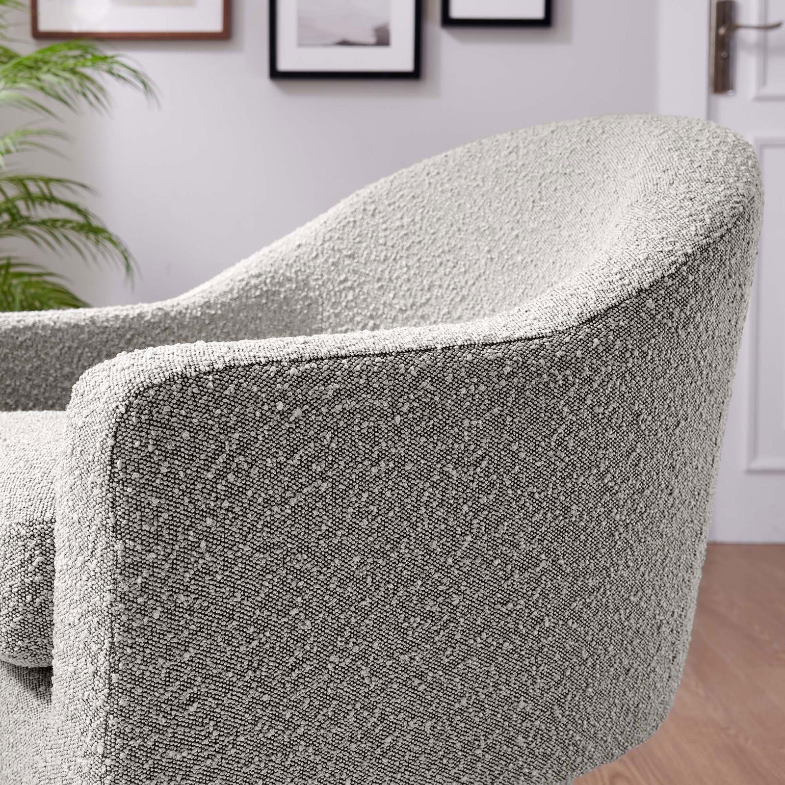 Textured boucle fabric and tailored curves add inviting tactility to any space. || EEI-6359-TAU || detail_room
