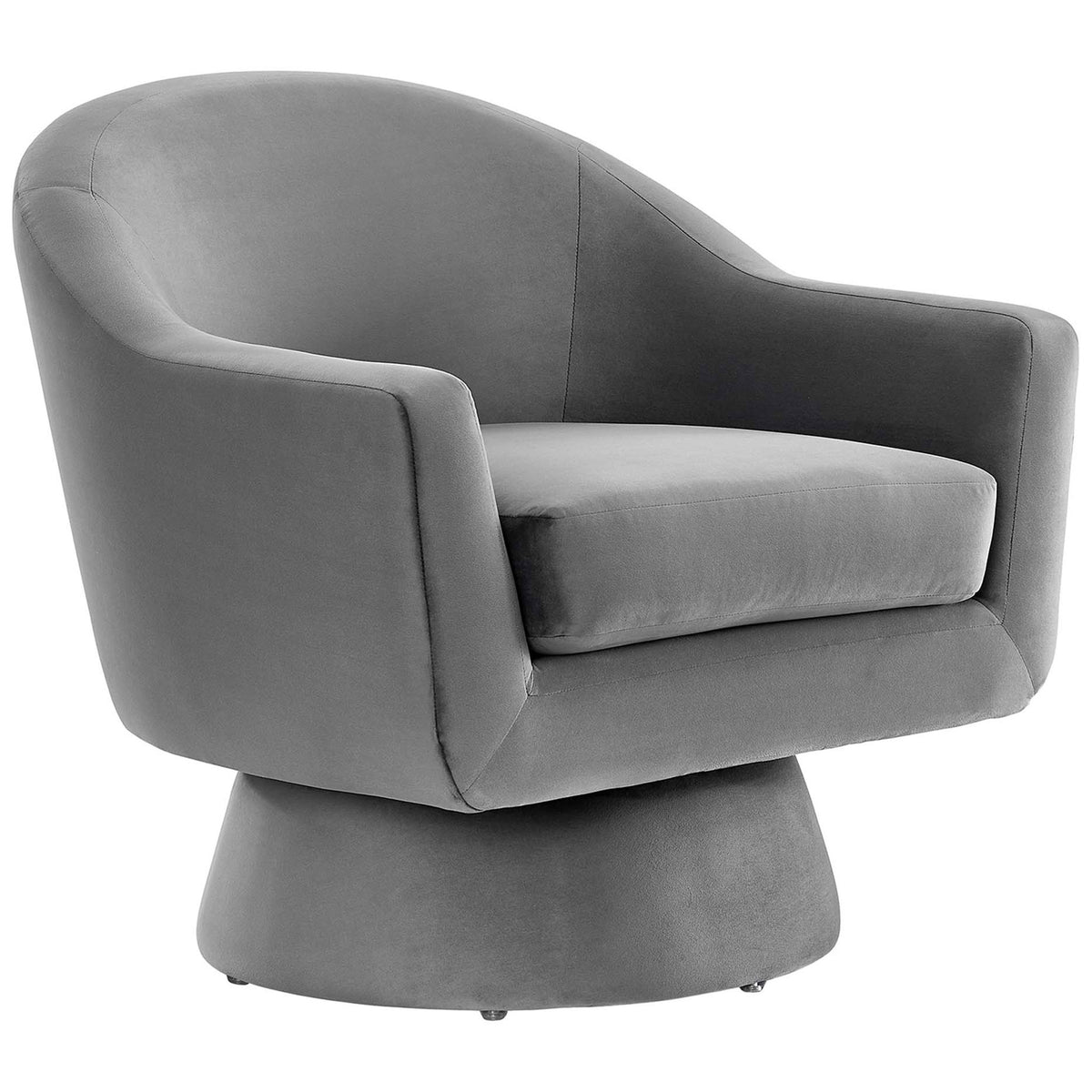 Curved-arm performance velvet swivel chair with plush removable cushion and tapered pedestal base || EEI-6360-GRY || front_angle_studio