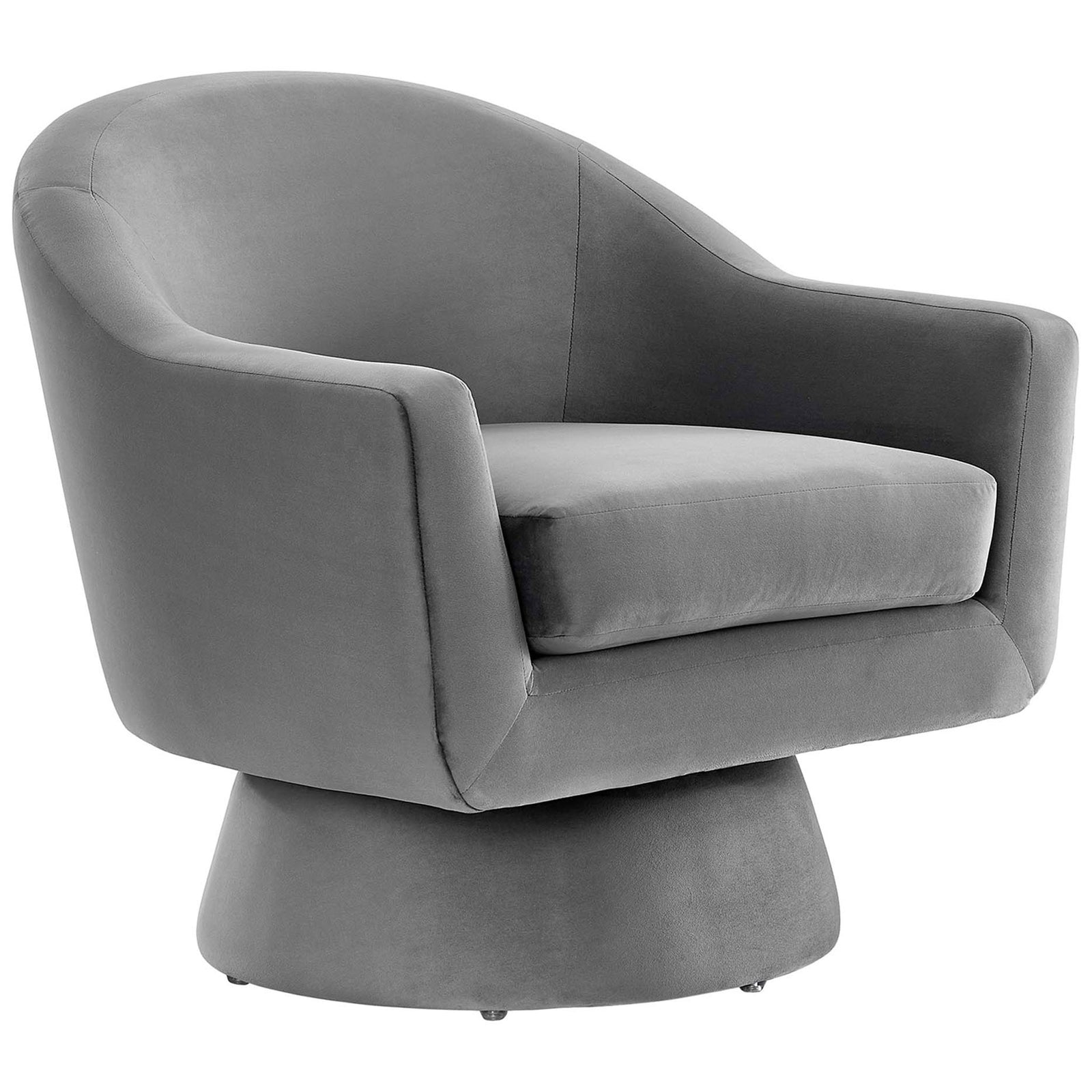 Curved-arm performance velvet swivel chair with plush removable cushion and tapered pedestal base || EEI-6360-GRY || front_angle_studio