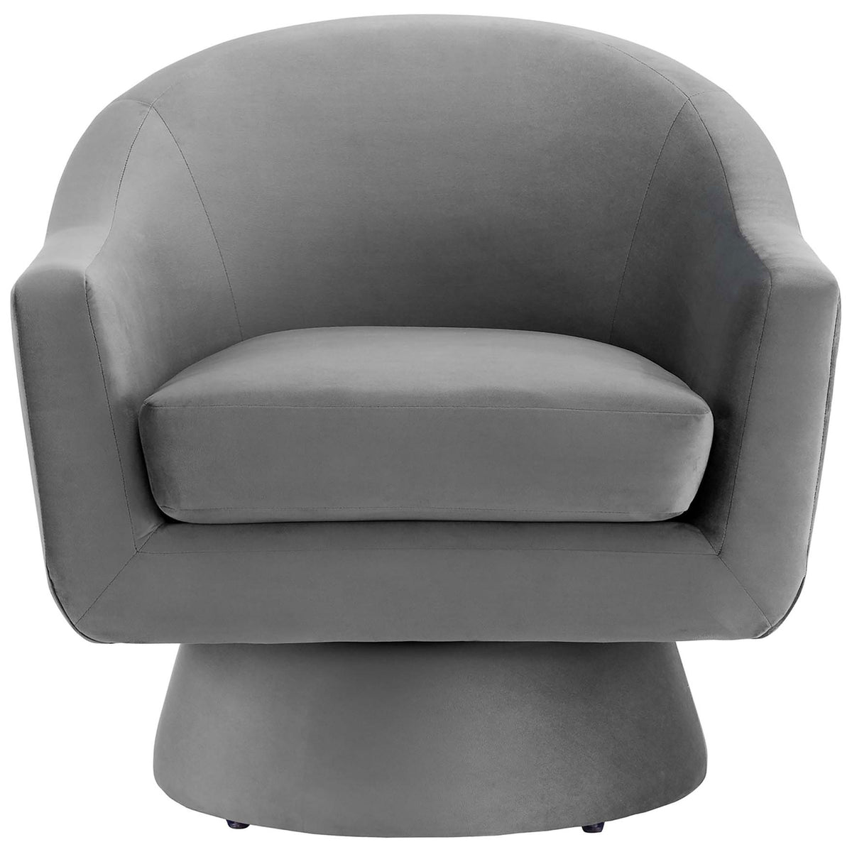 Modern gray velvet swivel chair with supportive barrel back and deep seat || EEI-6360-GRY || front_studio