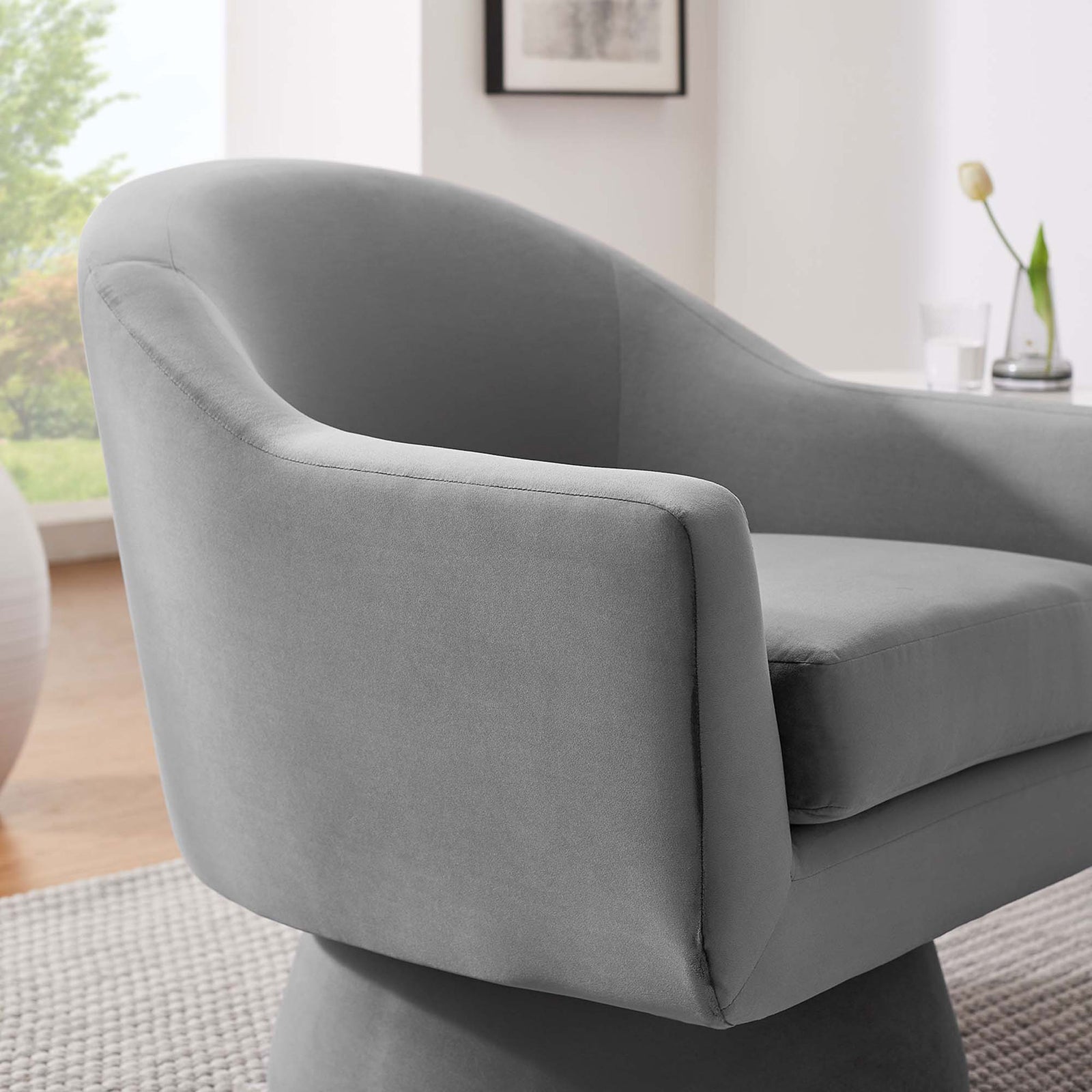 Soft gray velvet texture and gently curved arm for an inviting feel || EEI-6360-GRY || detail_room