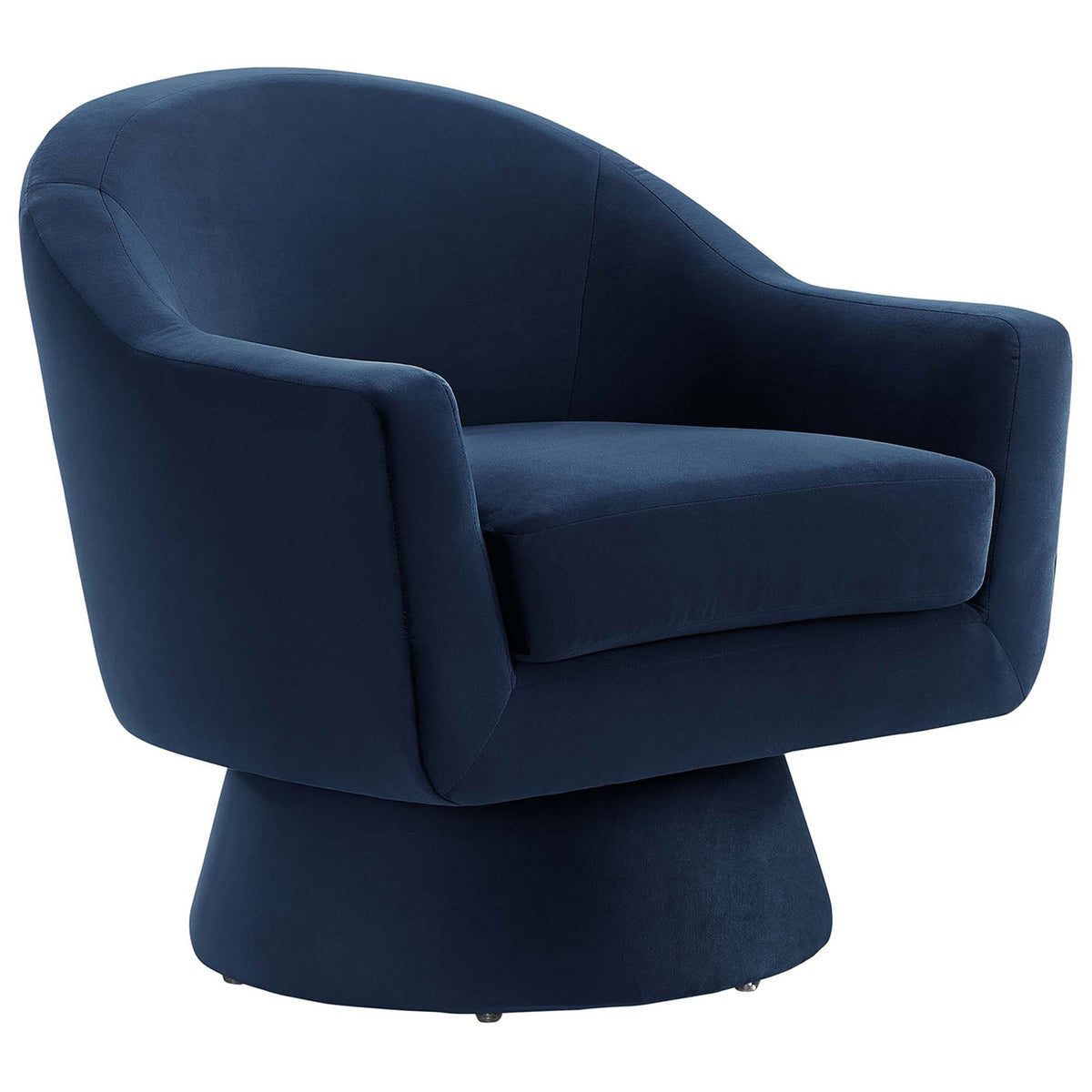 Midnight blue velvet swivel chair with sweeping arms and plush cushion on a tapered base || EEI-6360-MID || front_angle_studio