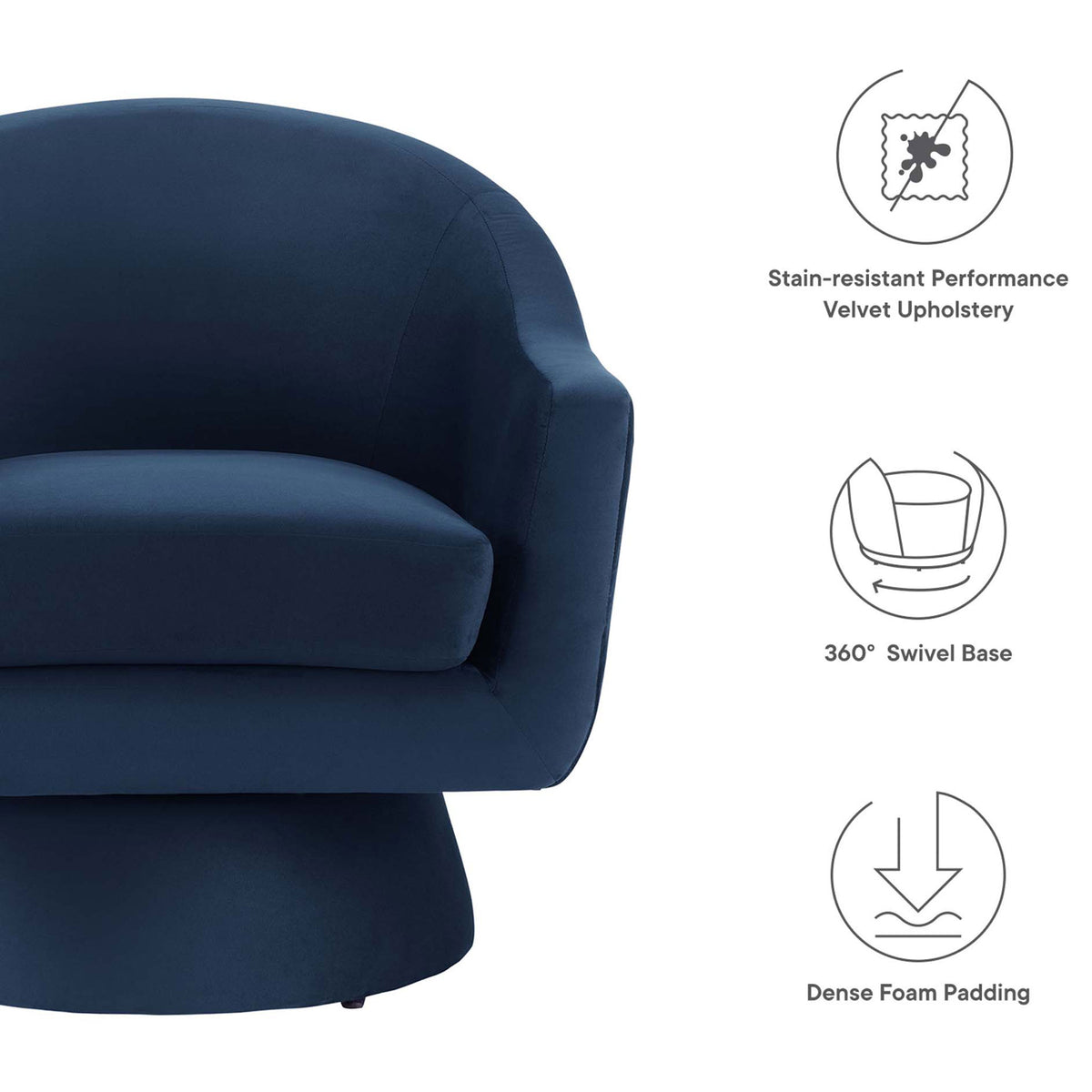 Stain-resistant performance velvet, 360-degree swivel, and dense foam padding highlighted || EEI-6360-MID || callout_studio