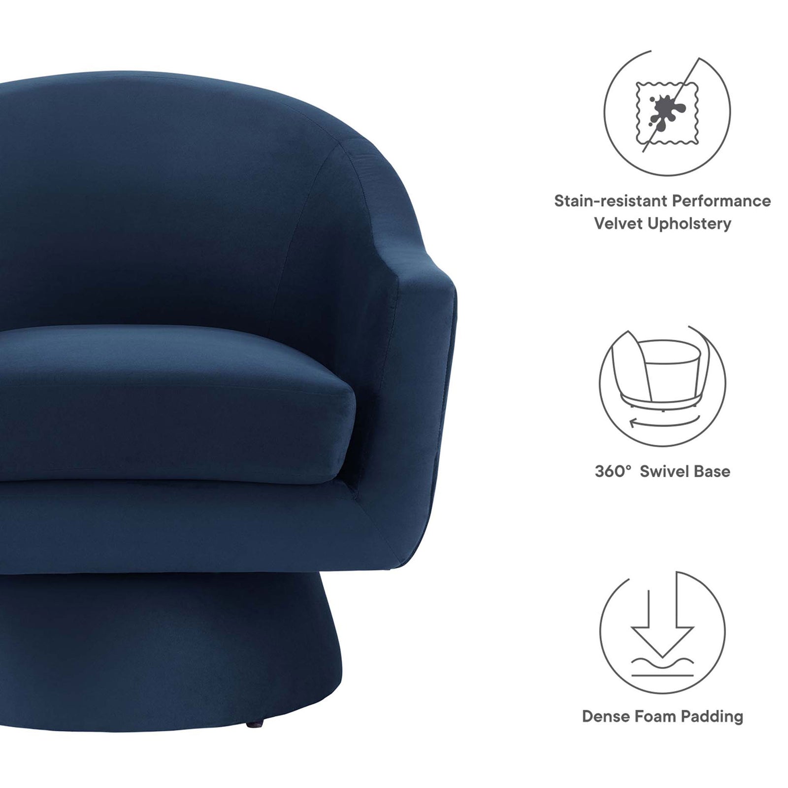 Stain-resistant performance velvet, 360-degree swivel, and dense foam padding highlighted || EEI-6360-MID || callout_studio