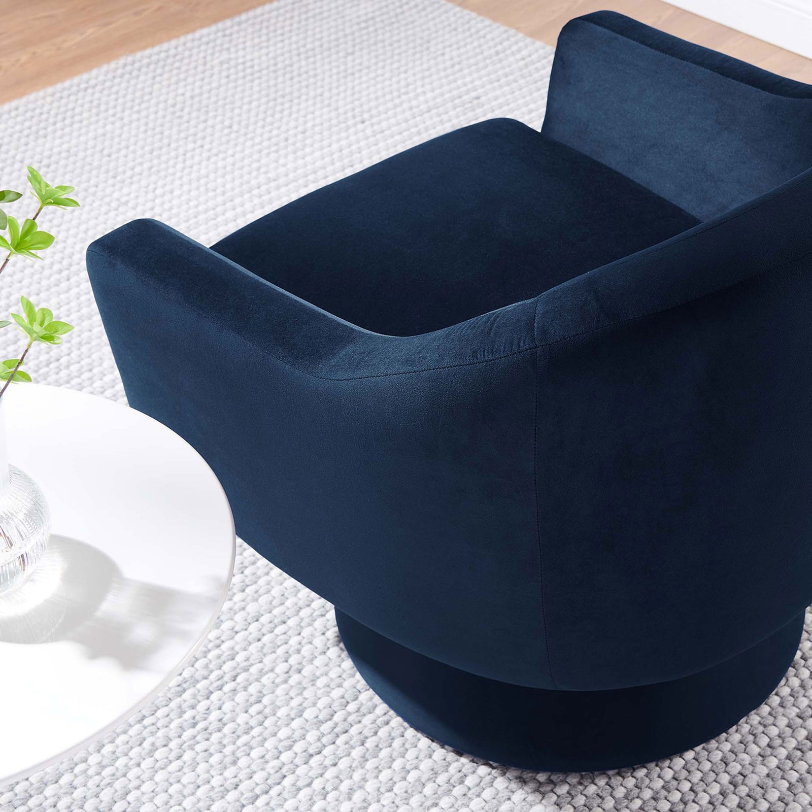 Textural midnight blue velvet adds depth and softness to contemporary living spaces || EEI-6360-MID || top_angle_room