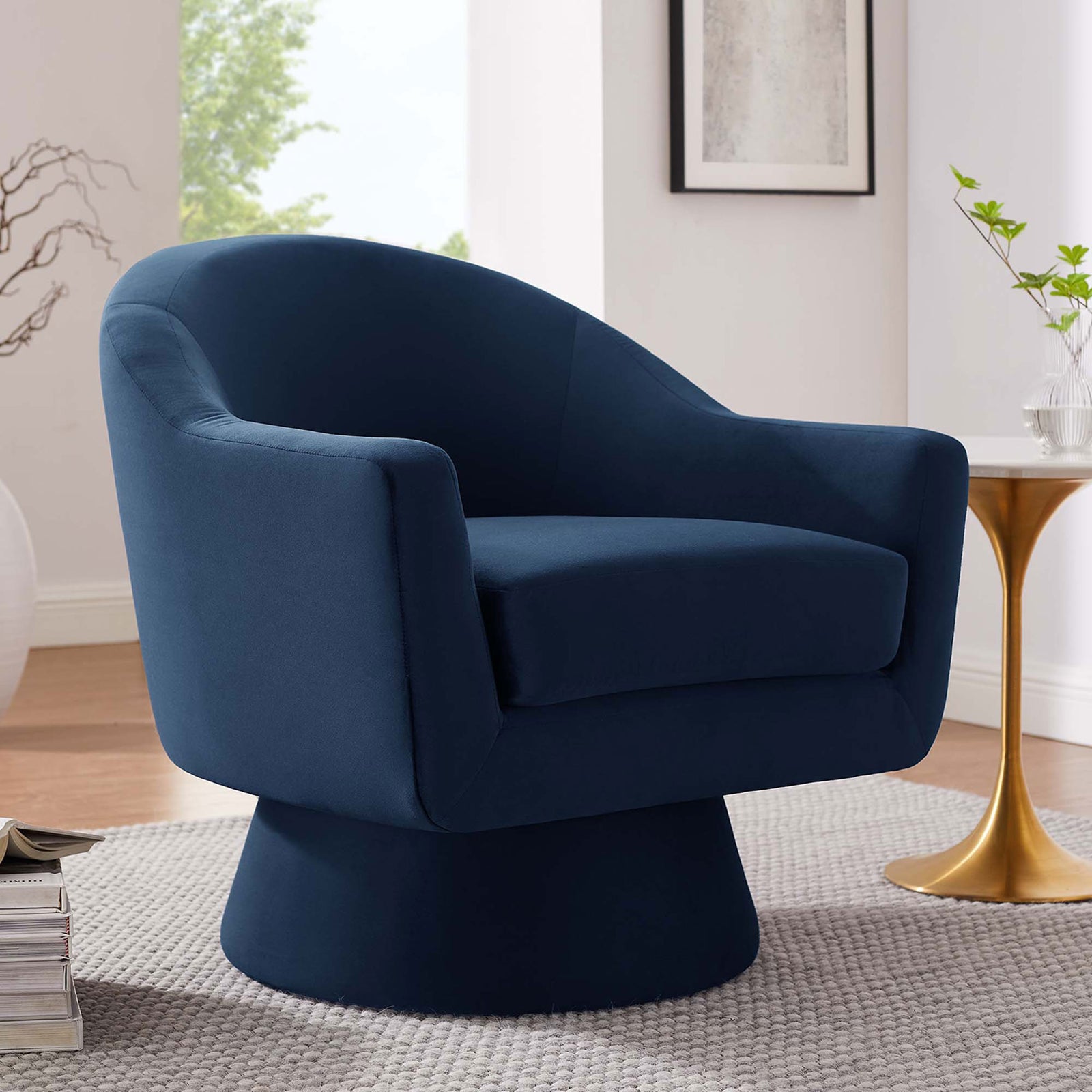 Modern swivel chair brings plush comfort and chic midnight blue style to any room || EEI-6360-MID || front_angle_room