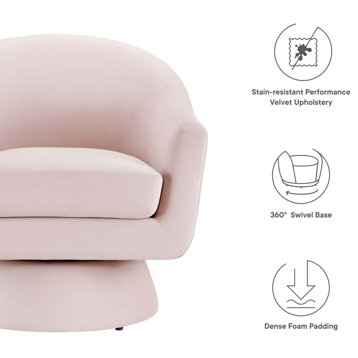 Stain-resistant performance velvet, dense foam cushioning, and a smooth 360-degree swivel for everyday comfort || EEI-6360-PNK || callout_studio