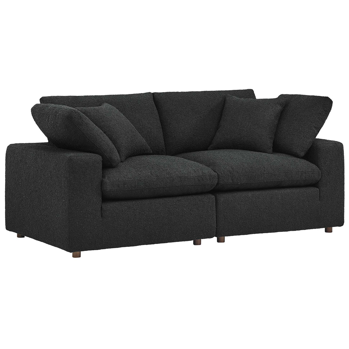 Black boucle loveseat with deep seat cushions and wide track arms for relaxed modern lounging. || EEI-6361-BLK || front_angle_studio