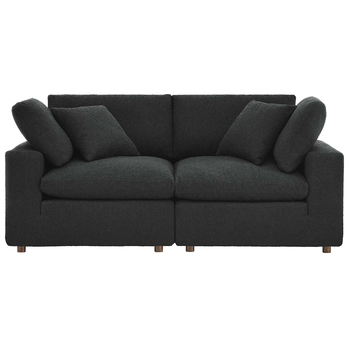 Spacious two-seat black boucle loveseat with plush back pillows and thick seat cushions. || EEI-6361-BLK || front_studio
