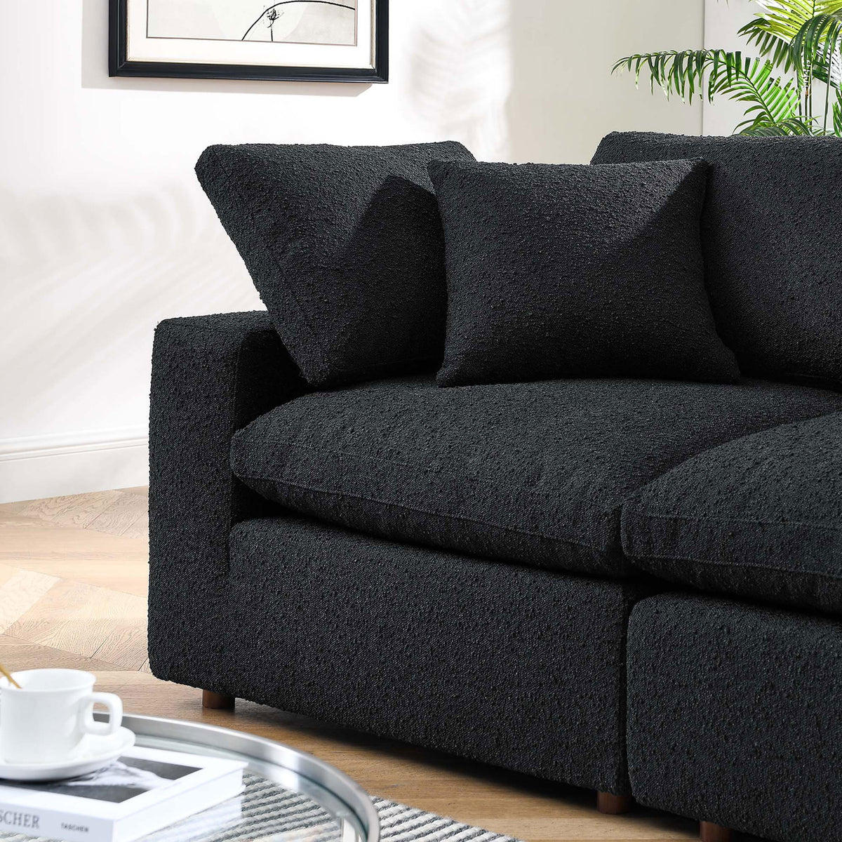 Black boucle loveseat cushions styled in a bright modern living room. || EEI-6361-BLK || detail_room