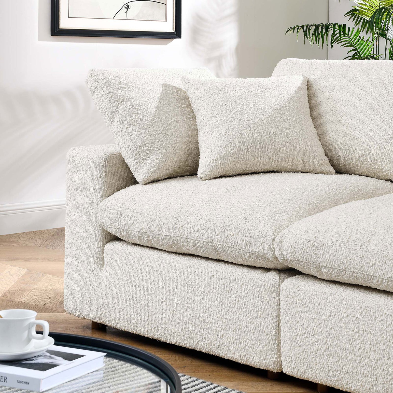 Cozy ivory boucle loveseat corner styled in a bright living room with plush cushions and modern lines || EEI-6361-IVO || detail_room