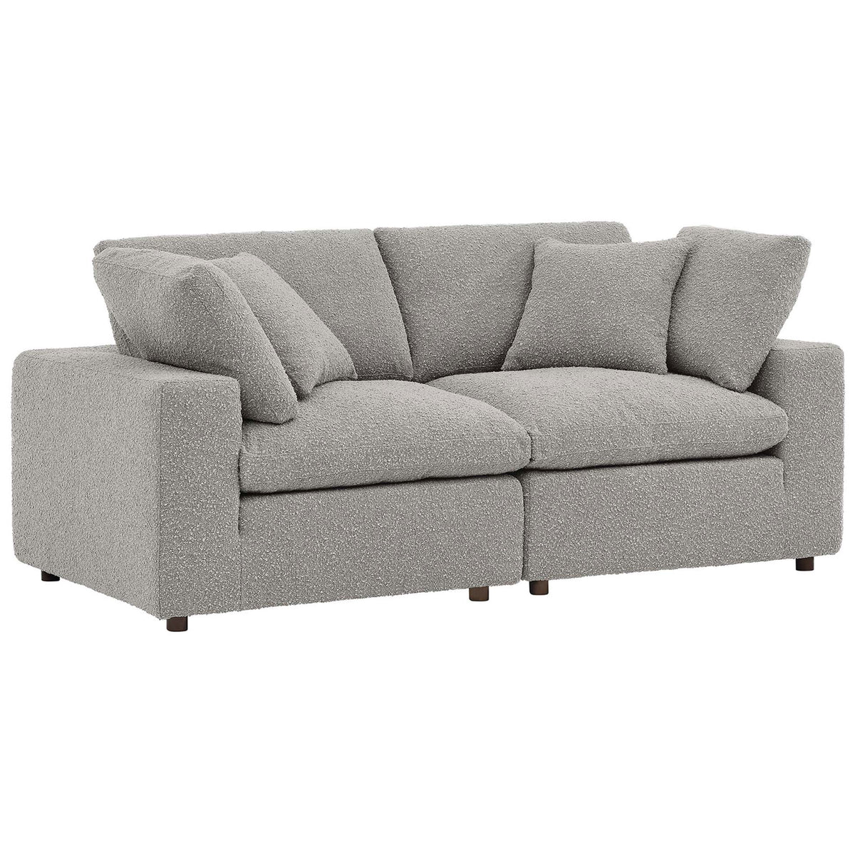 Deep cushioned light gray boucle loveseat with low profile arms and relaxed, sink in comfort || EEI-6361-LGR || front_angle_studio