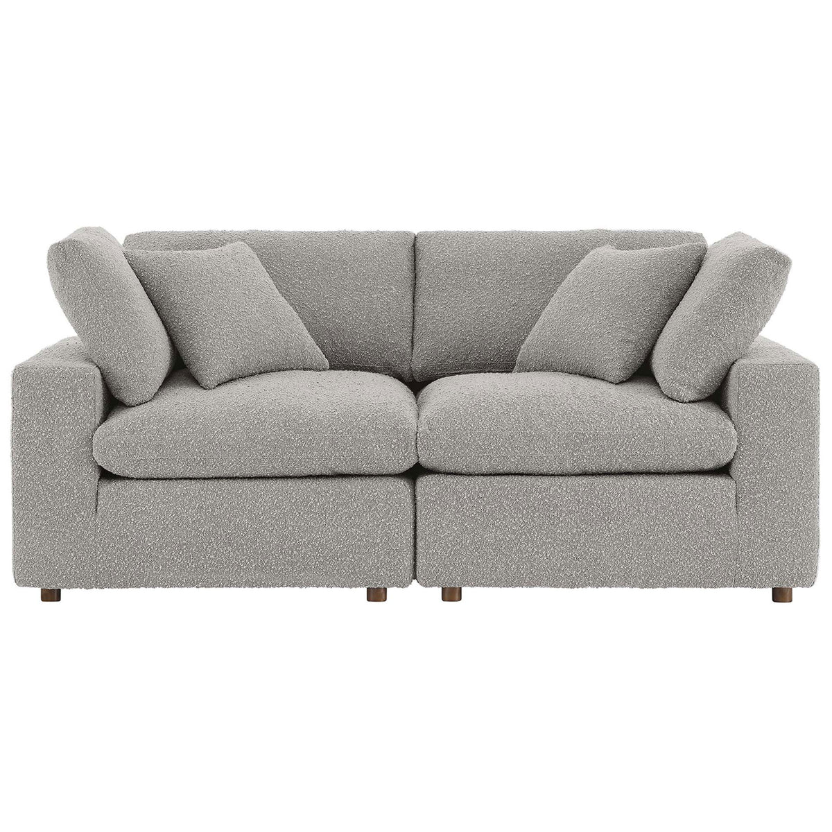 Modern light gray boucle loveseat with overstuffed down cushions and two matching throw pillows || EEI-6361-LGR || front_studio