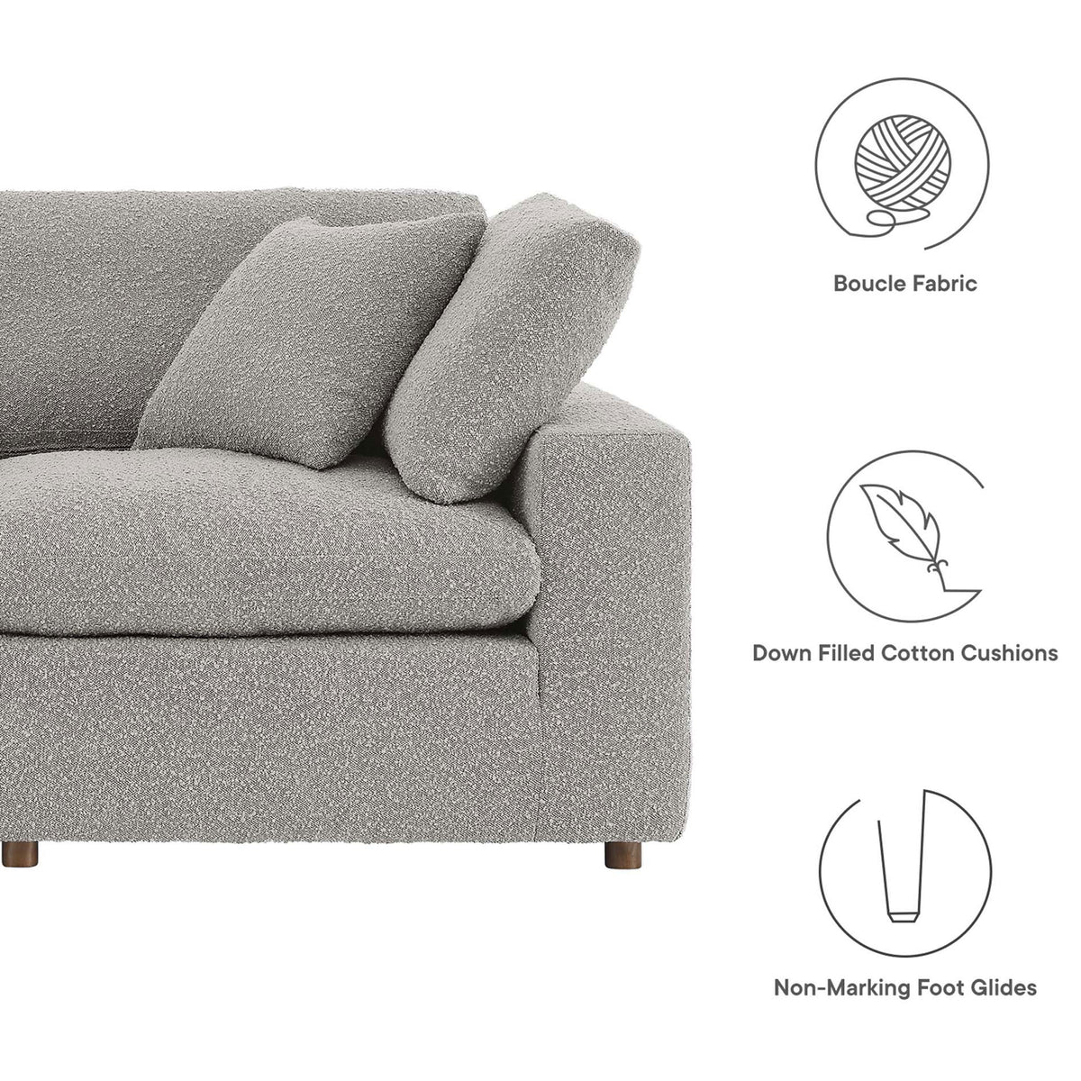 Light gray boucle loveseat featuring down filled cotton cushions and non marking foot glides || EEI-6361-LGR || callout_studio