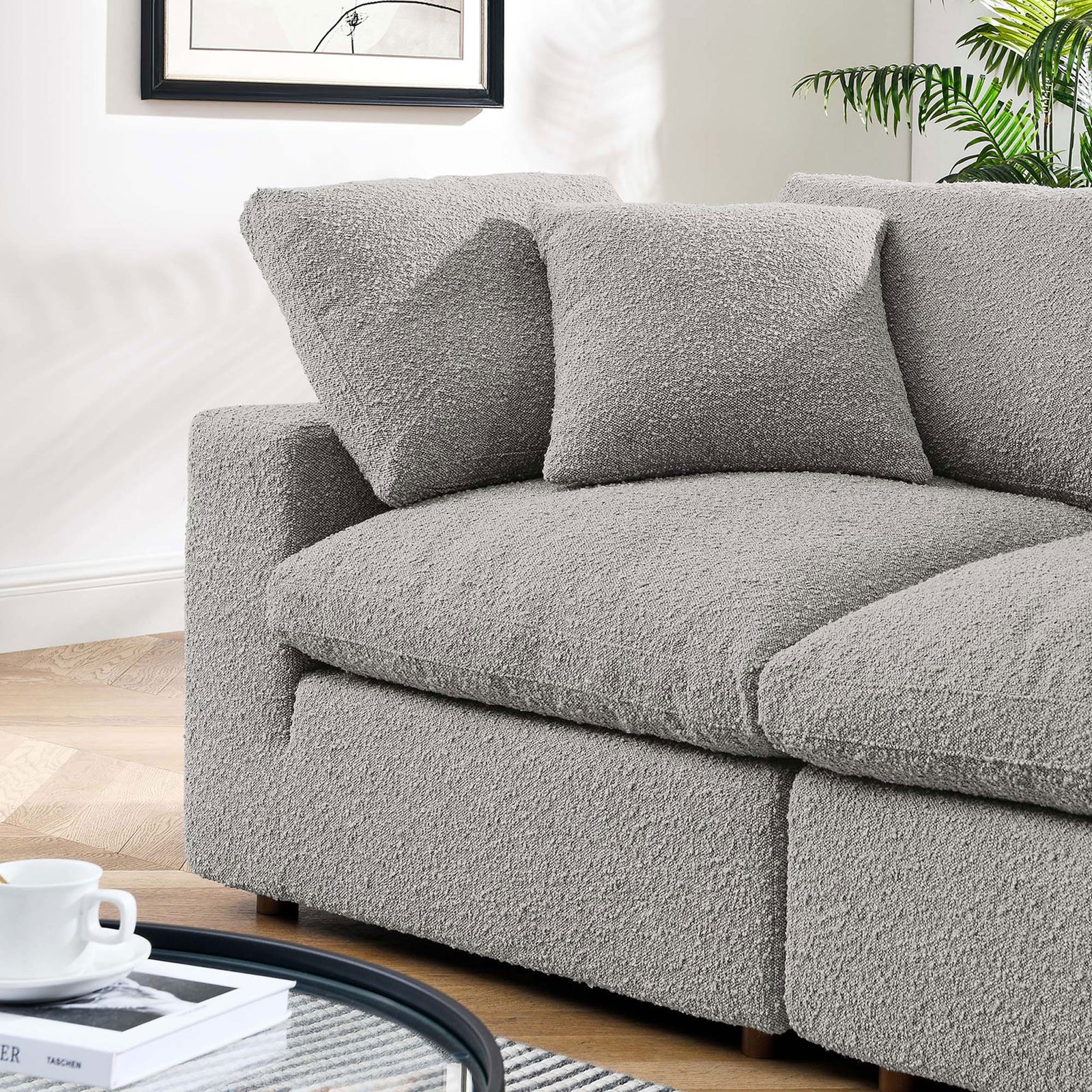 Boucle fabric and plush cushions highlight the loveseat texture and inviting, cozy feel || EEI-6361-LGR || detail_room