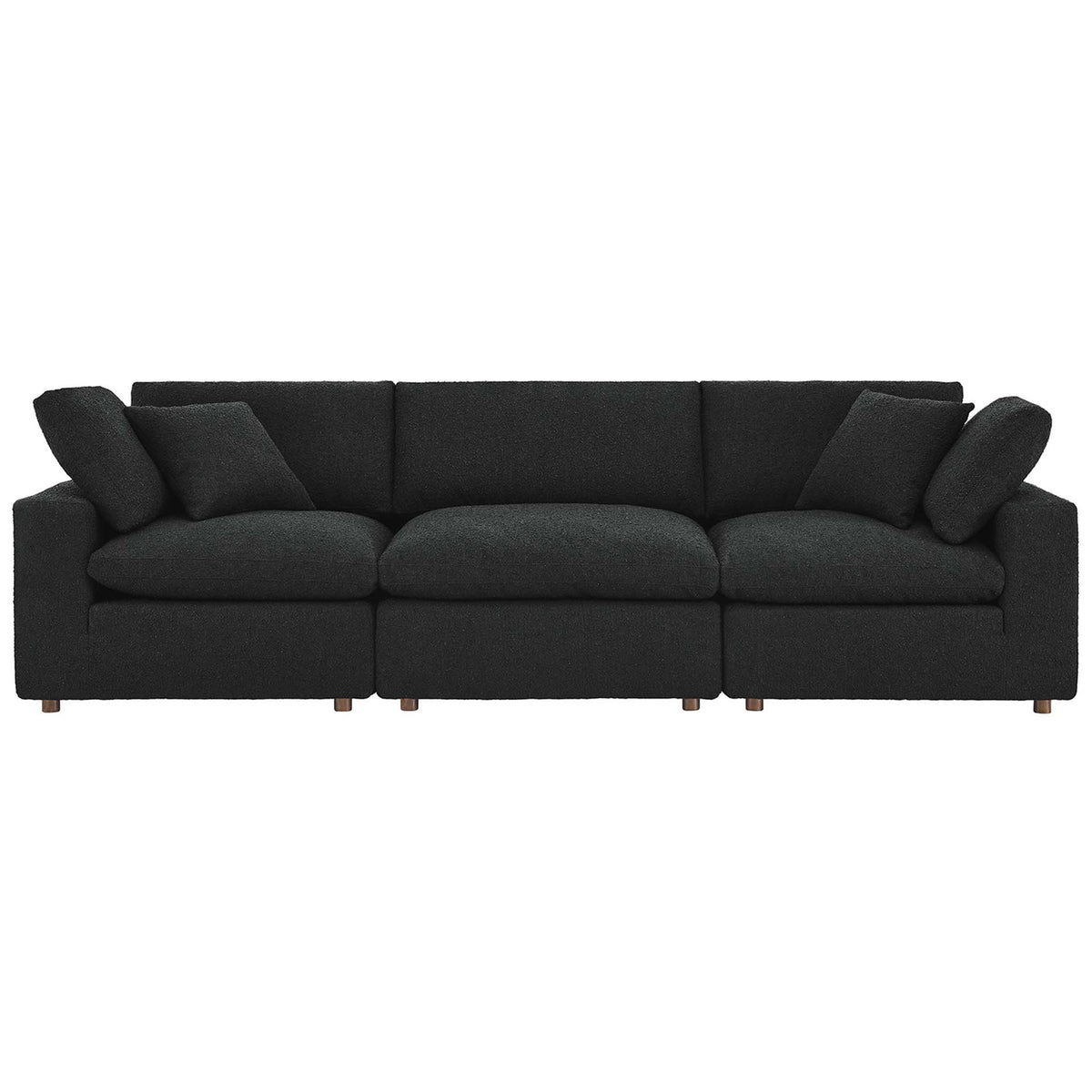 Black boucle three seat sofa with deep plush cushions and broad track arms for relaxed lounging || EEI-6362-BLK || front_studio