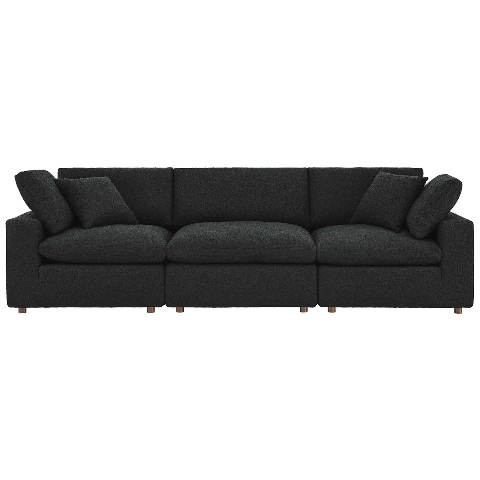 Black boucle three seat sofa with deep plush cushions and broad track arms for relaxed lounging || EEI-6362-BLK || front_studio