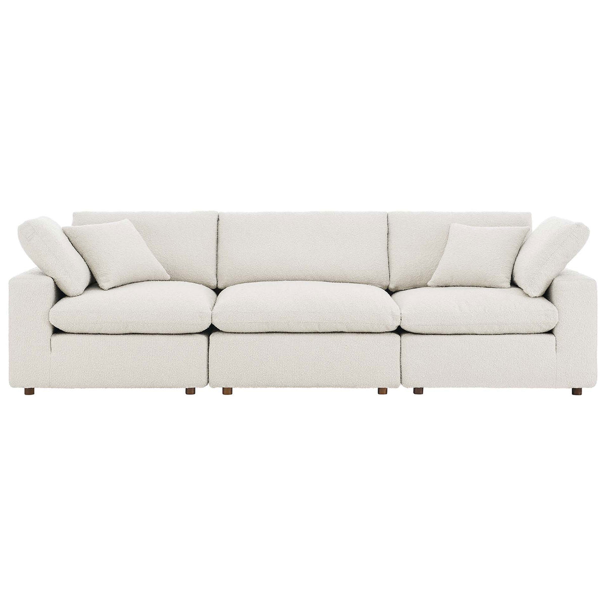 Modern ivory boucle 3-seater sofa with generous seats and supportive back pillows for everyday comfort || EEI-6362-IVO || front_studio