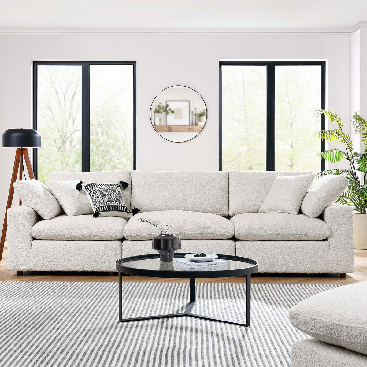 Ivory boucle 3-seater sofa styled in a modern living room with accent pillows and greenery || EEI-6362-IVO || front_room