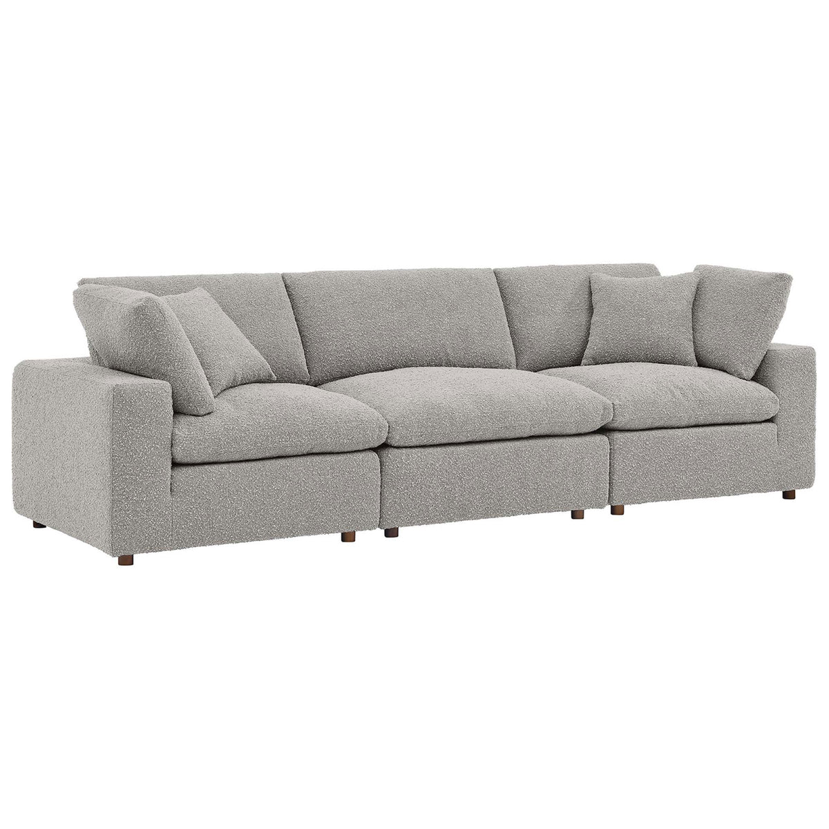 Light gray boucle modular 3-seater sofa with overstuffed cushions and wide track arms for laid-back comfort || EEI-6362-LGR || front_angle_studio