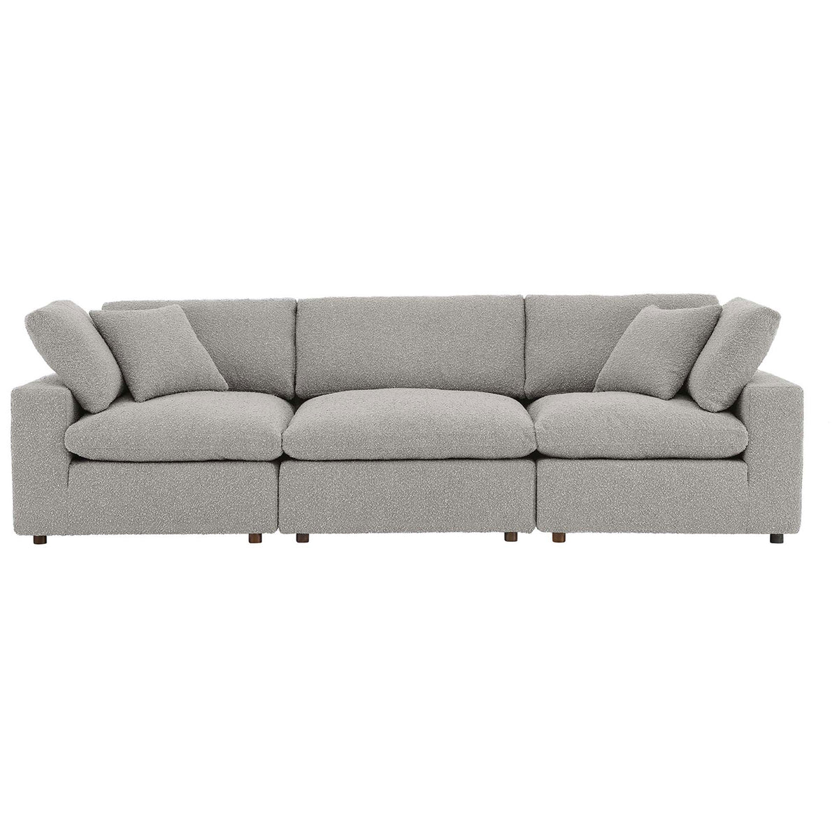 Spacious light gray 3-seater boucle sofa with plush seat and back cushions for family room lounging || EEI-6362-LGR || front_studio