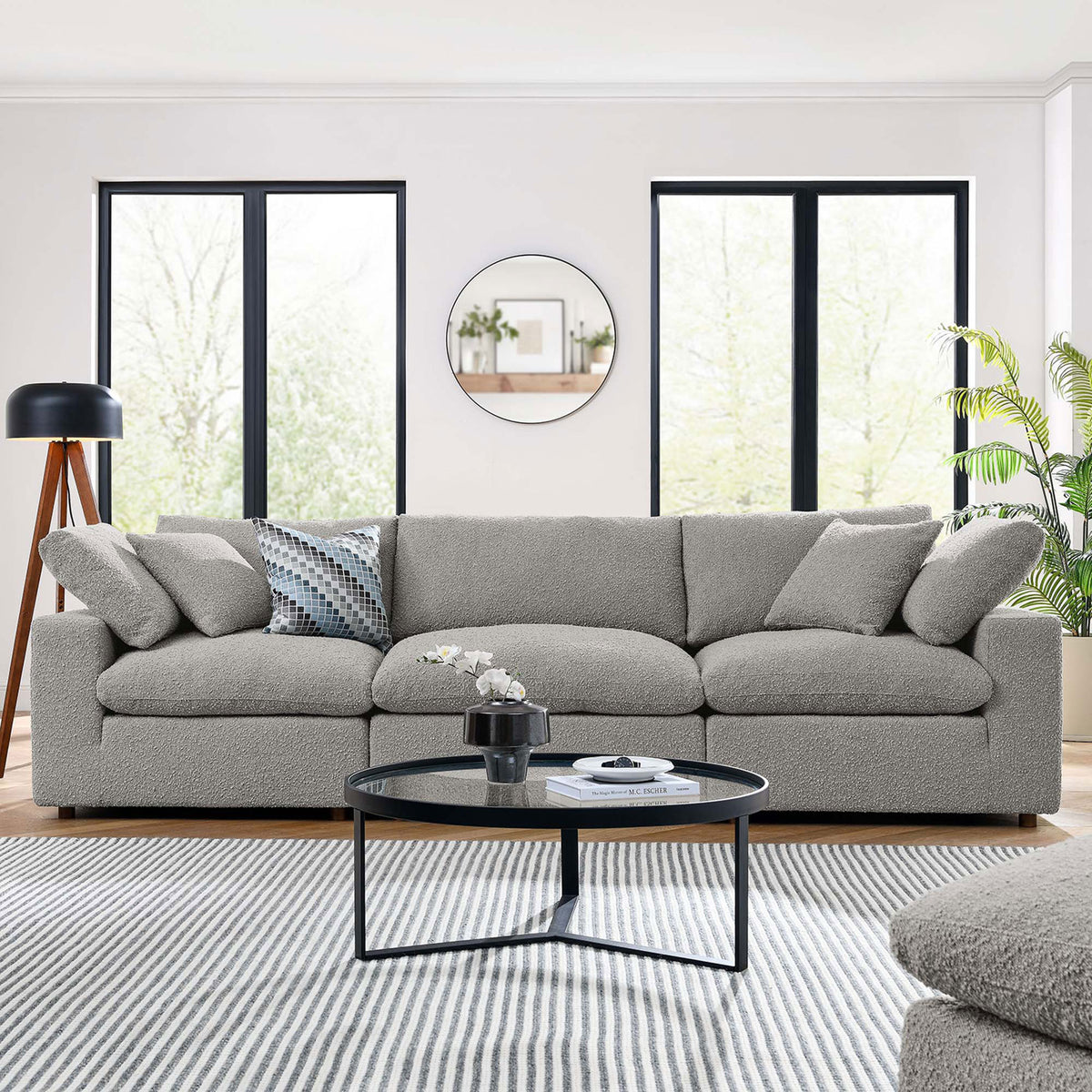 Light gray boucle 3-seater sofa styled in a bright modern living room with round coffee table and rug || EEI-6362-LGR || front_room