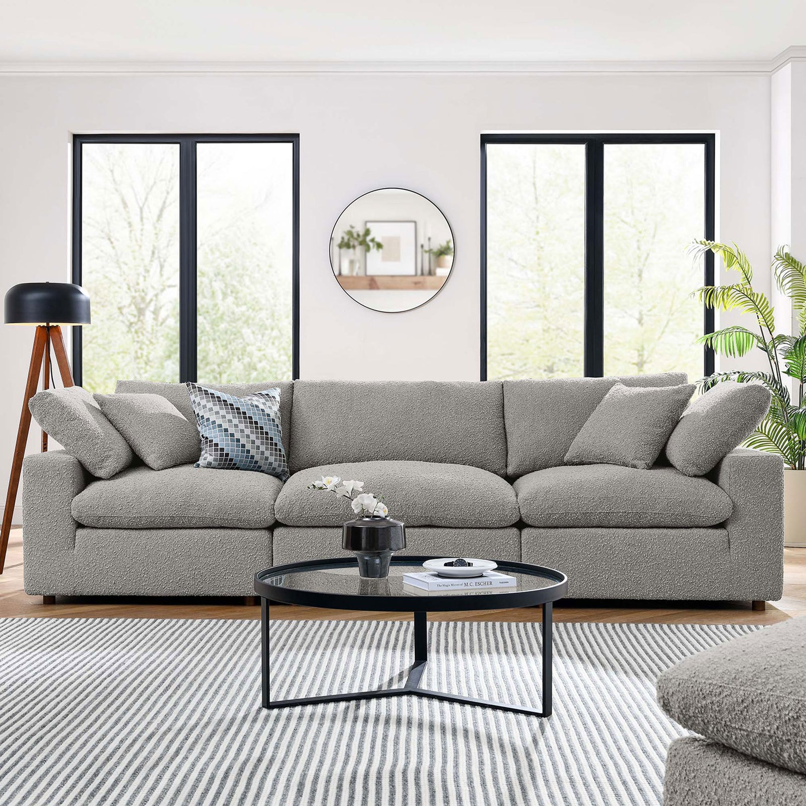 Light gray boucle 3-seater sofa styled in a bright modern living room with round coffee table and rug || EEI-6362-LGR || front_room