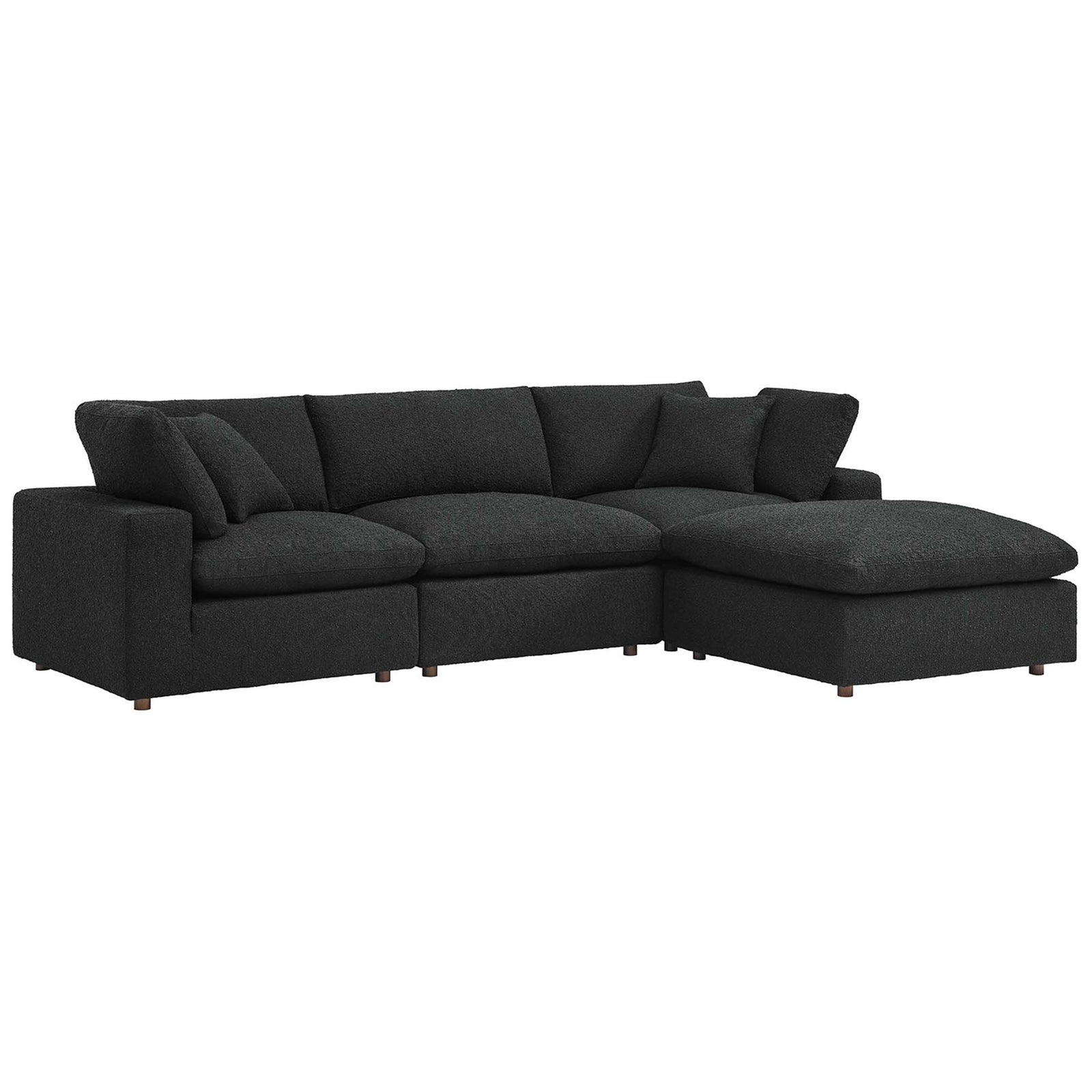 Black boucle modular sectional with roomy chaise and plush sink-in cushions || EEI-6363-BLK || front_angle_studio
