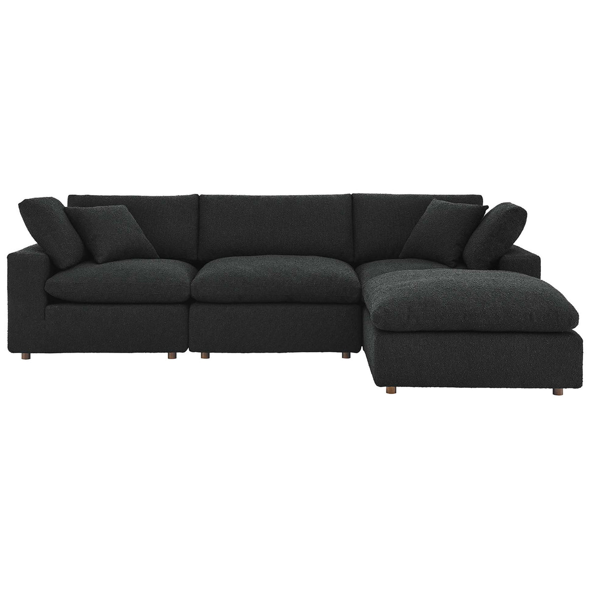 Four-piece black boucle sectional sofa with wide track arms and deep seating || EEI-6363-BLK || front_studio