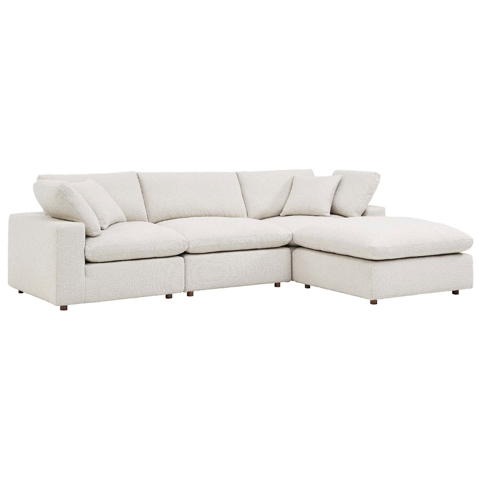 Low-profile ivory boucle sectional with deep overstuffed cushions and a roomy right chaise for relaxing || EEI-6363-IVO || front_angle_studio