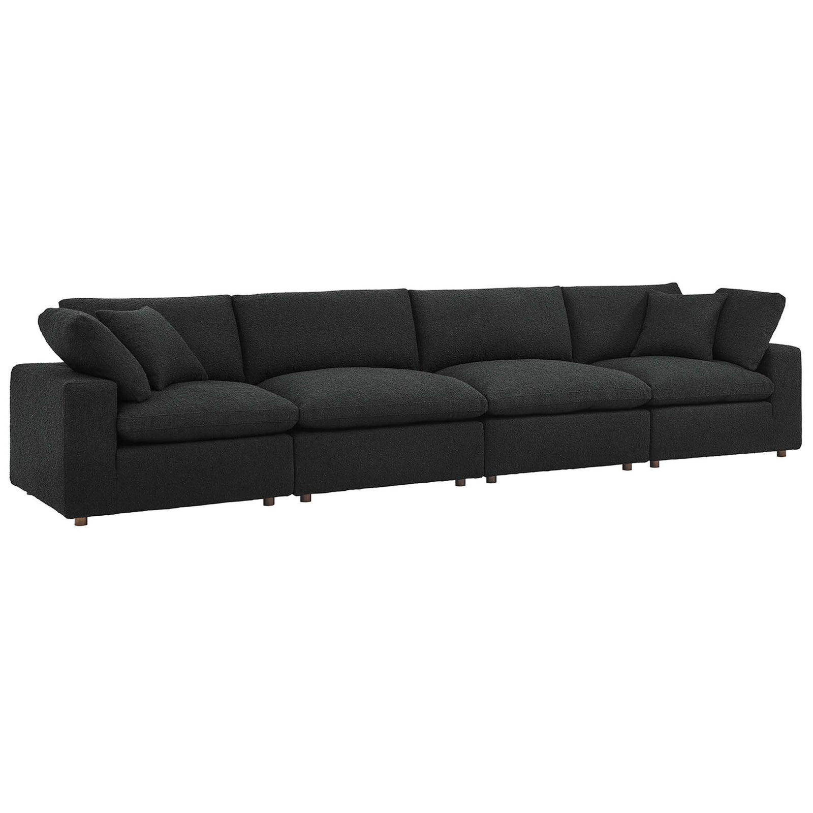 Extra long black boucle modular sofa showcasing soft down filled cushions and clean boxy arms || EEI-6364-BLK || front_angle_studio
