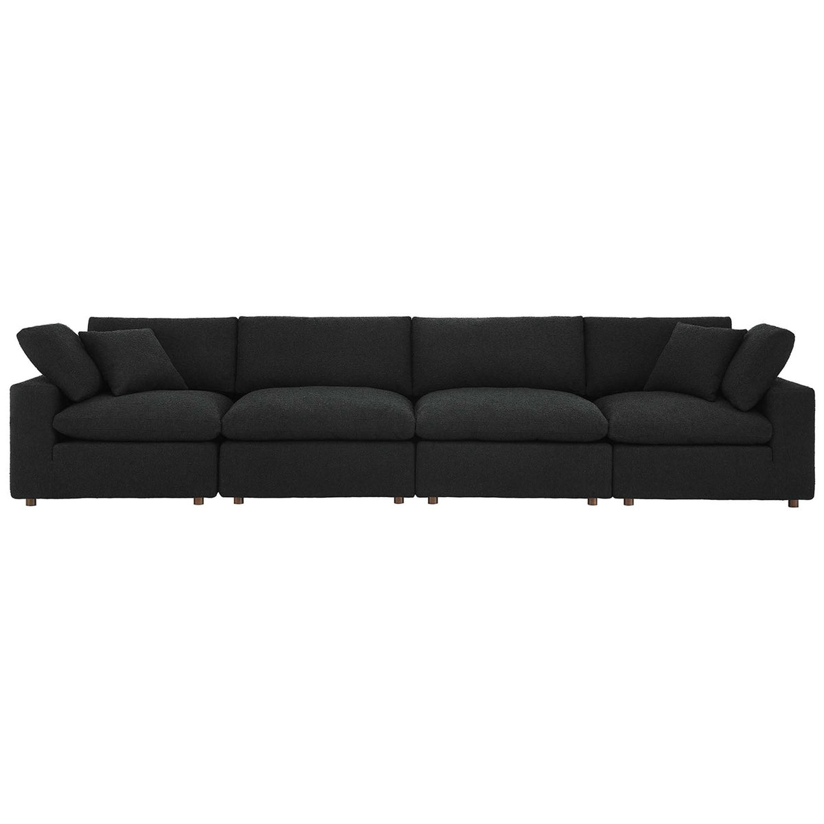 Low profile black boucle 4-seat sofa with plush overstuffed cushions and deep, inviting seating || EEI-6364-BLK || front_studio