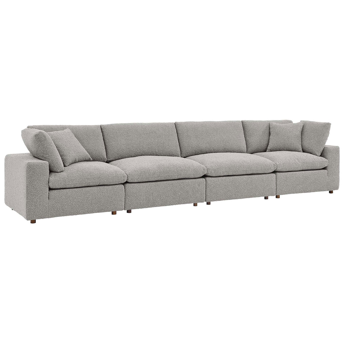Light gray boucle 4-seat modular sofa with plush overstuffed cushions and a sleek, low-profile silhouette || EEI-6364-LGR || front_angle_studio